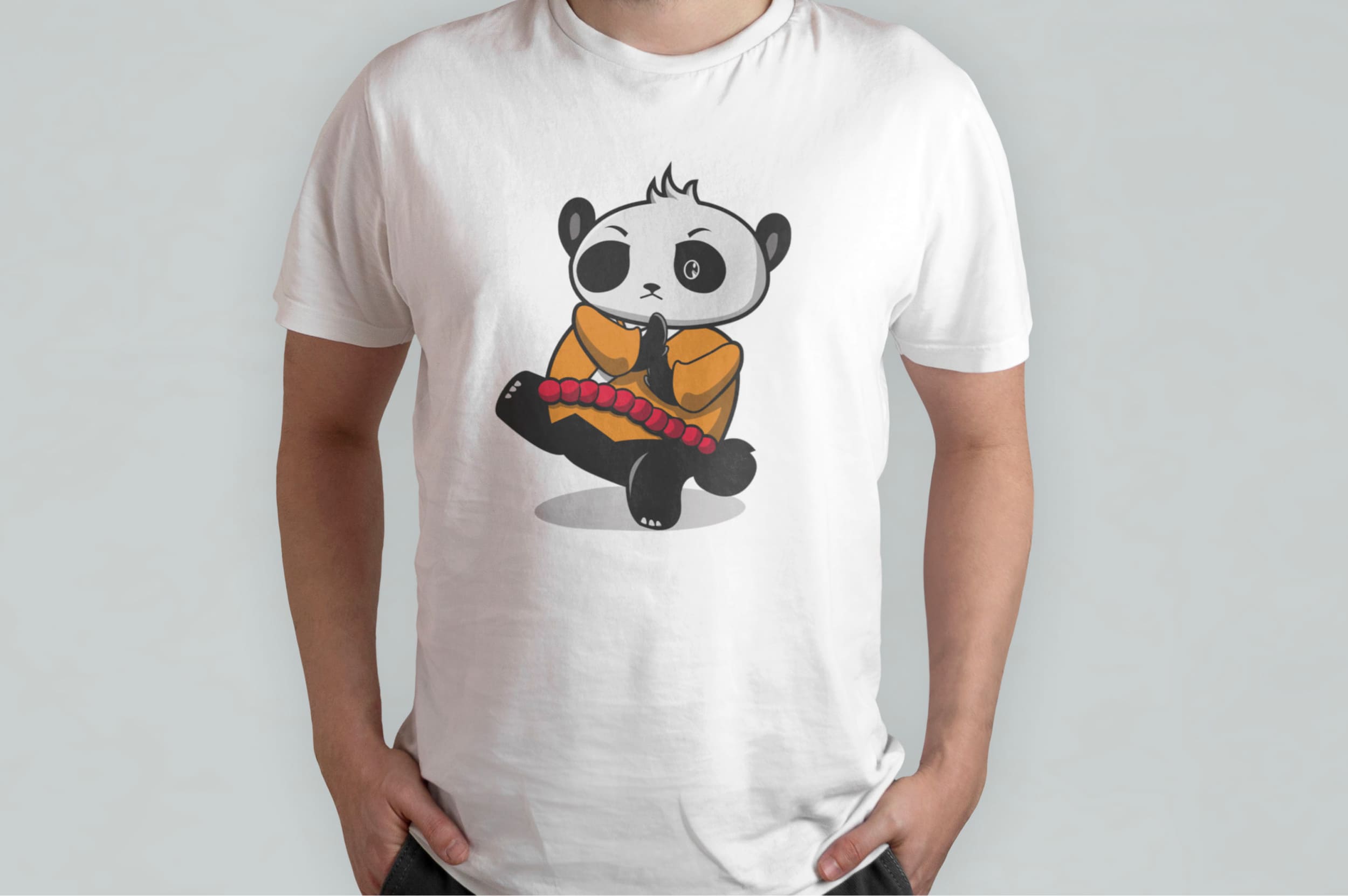 White t-shirt with kung fu panda on a man on a gray background.
