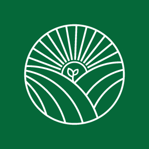 An image with a colorful round logo for a farm in white on a green background.