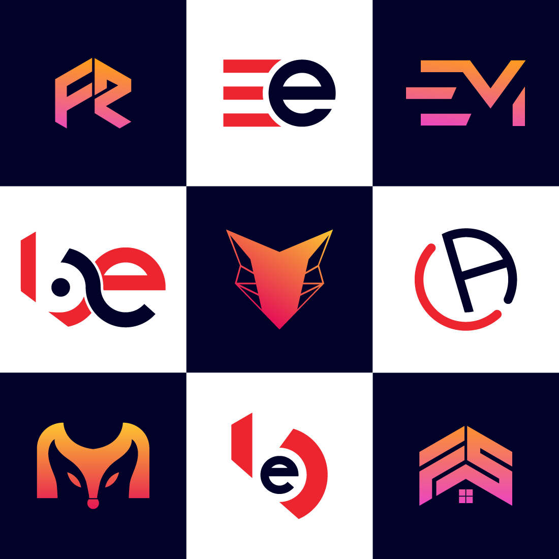 Collection of images with gorgeous logos in orange colors.