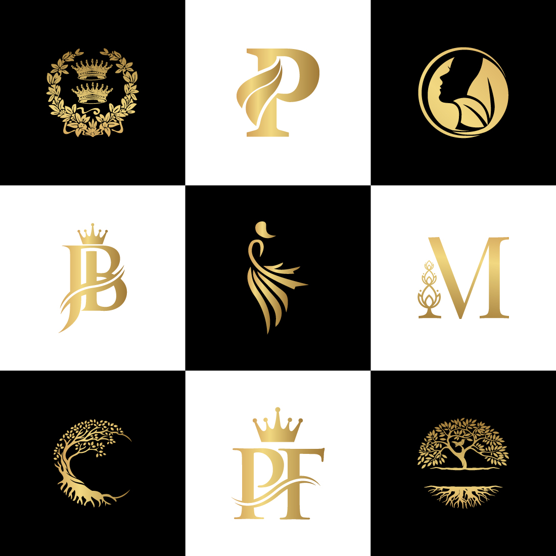 Set of images with exquisite luxury logos in gold color.