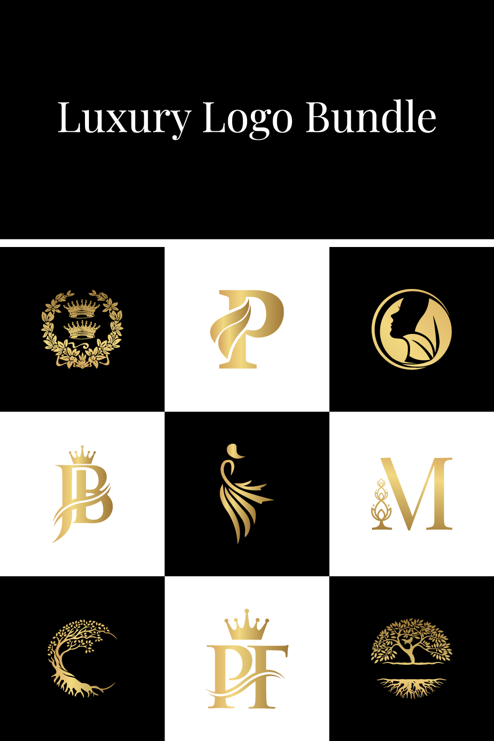 A selection of images with beautiful luxury logos in gold color.