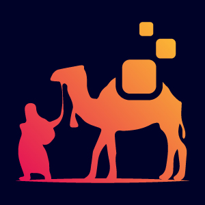 Orange color logo with the image of a man leading a camel.