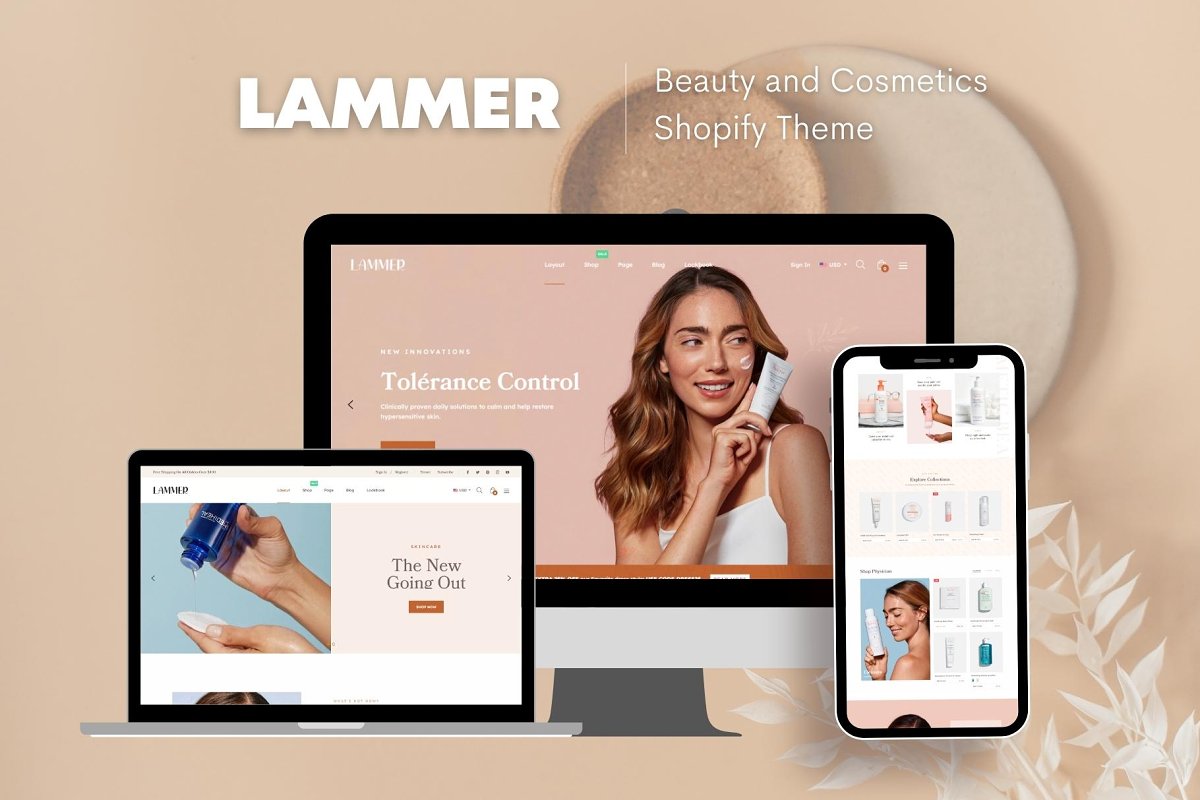 Cover image with mockups of Lammer - Cosmetics Shopify Theme.