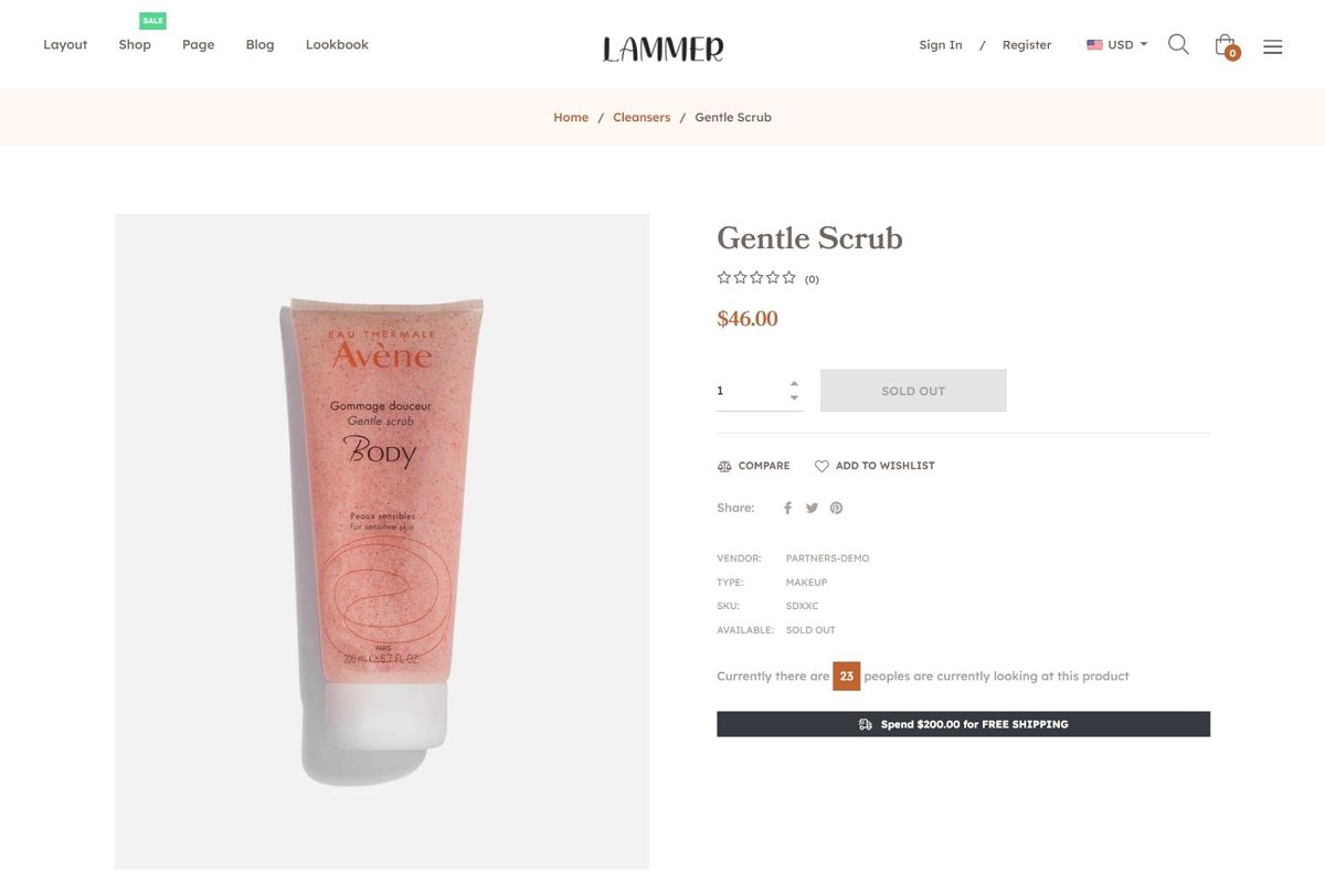 Product page for Lammer cosmetics shopify theme.