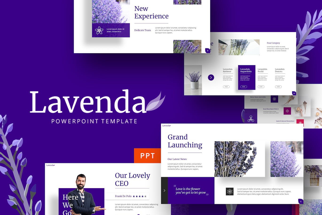 Collection of images of amazing presentation template slides on the theme of lavender flower.