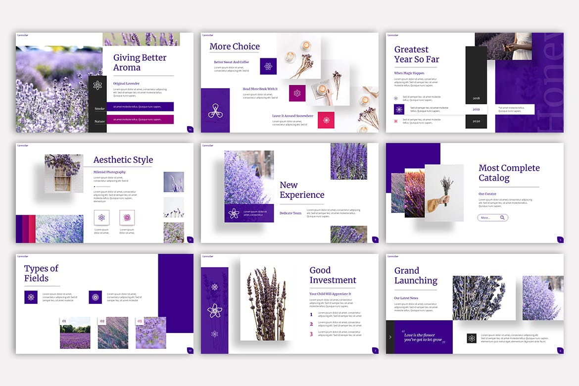 A selection of images of adorable lavender presentation template slides.