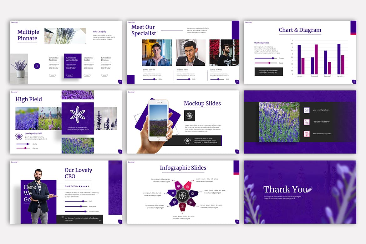 Bundle of images of unique presentation template slides on the theme of the lavender flower.