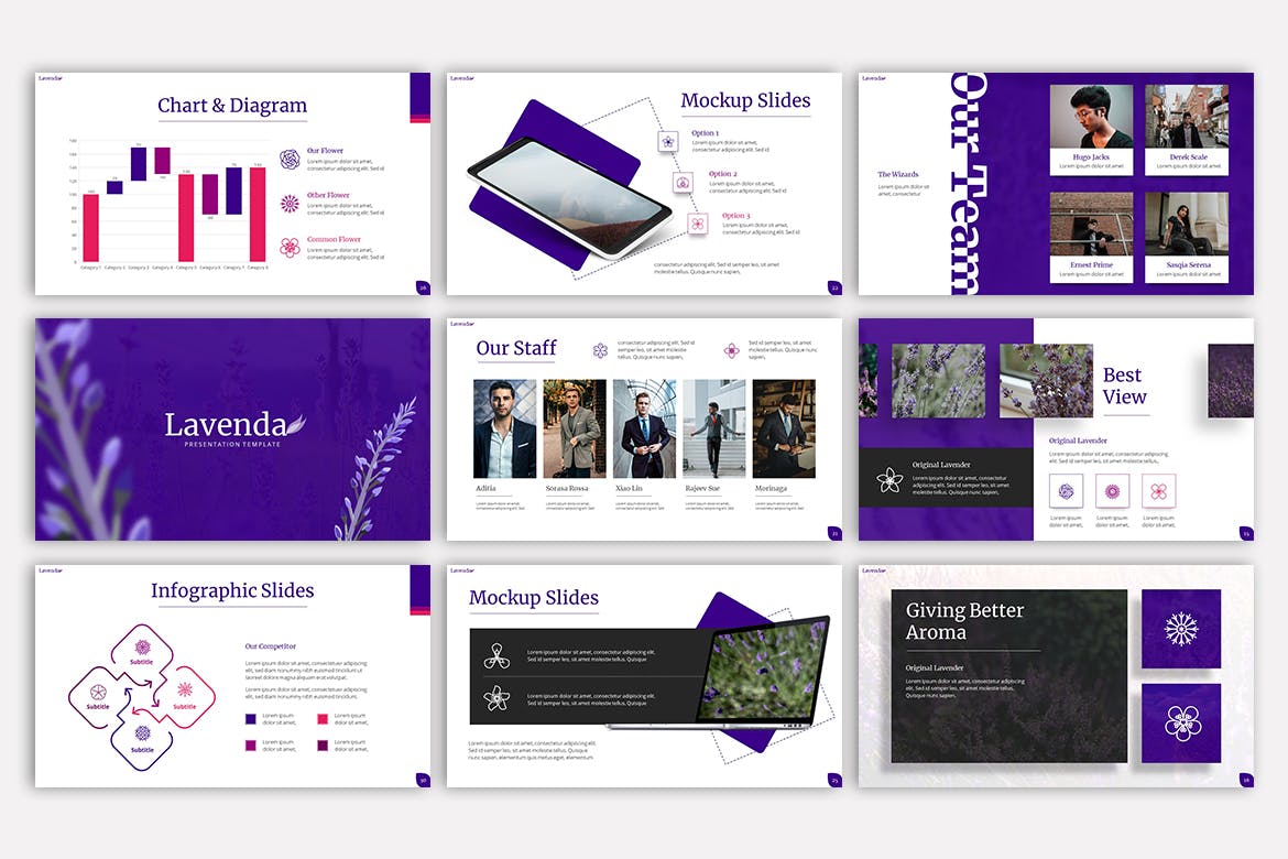 Pack of images of exquisite slide presentation template on the theme of lavender flower.
