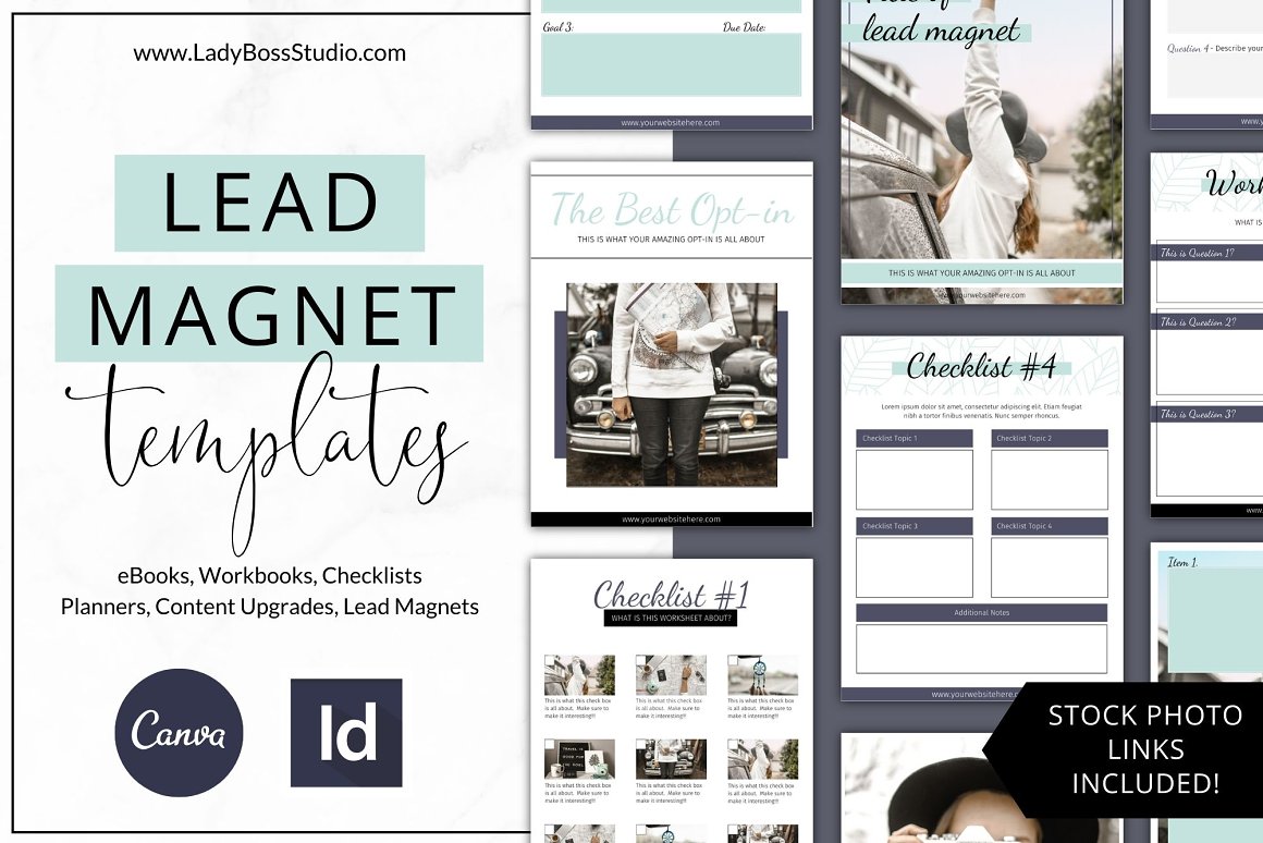Black lettering "Lead Magnet" on a light blue background, black letterings "Templates" and "eBooks, Workbooks, Checklist Planners, Content Upgrades, Lead Magnets" on a gray background, logos "Canva" and "InDesign" and different lead magnet templates on a gray background.