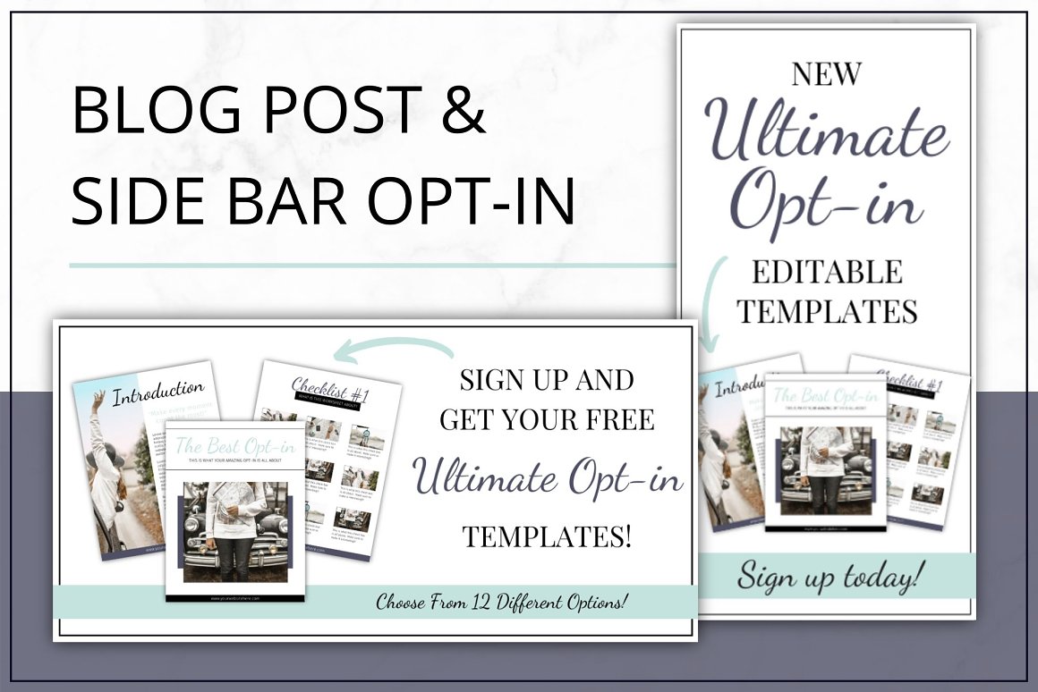 Black lettering "Blog Post & Side Bar Opt-In" and templates blog post and side bar opt-in on a white and gray background.