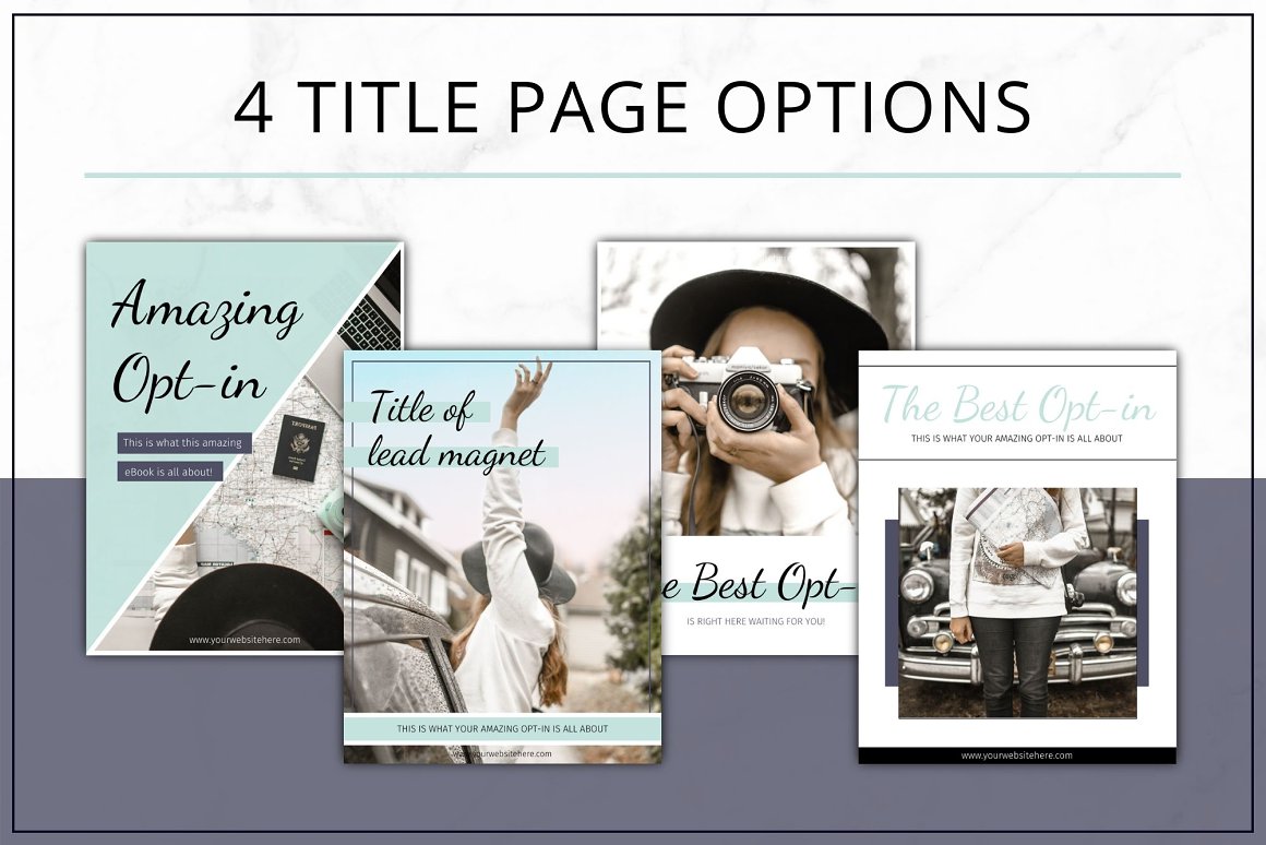 Black lettering "4 title page options" and 4 different title page templates on a white and gray background.