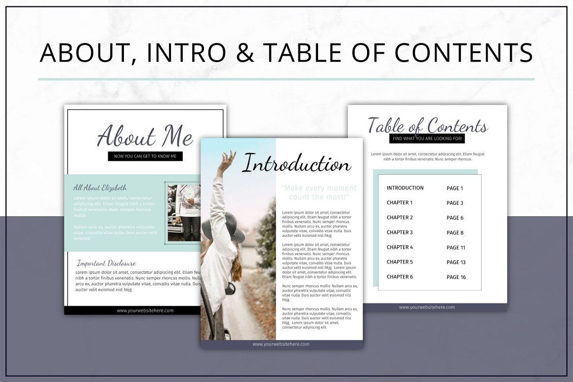 Black lettering "About, Intro & Table of Contents" and 3 different templates with titles "About me", "Introduction" and "Table of Contents" on a white and gray background.