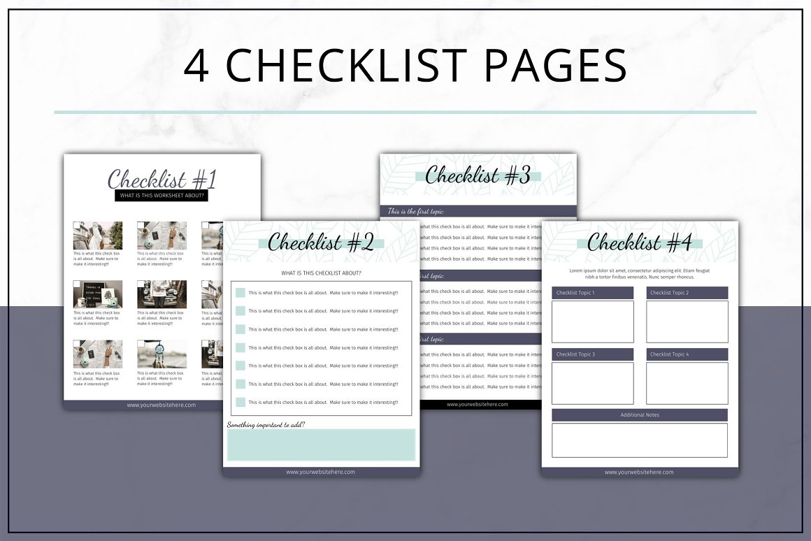 Black lettering "4 Checklist Pages" and 4 different templates checklist on a white and gray background.