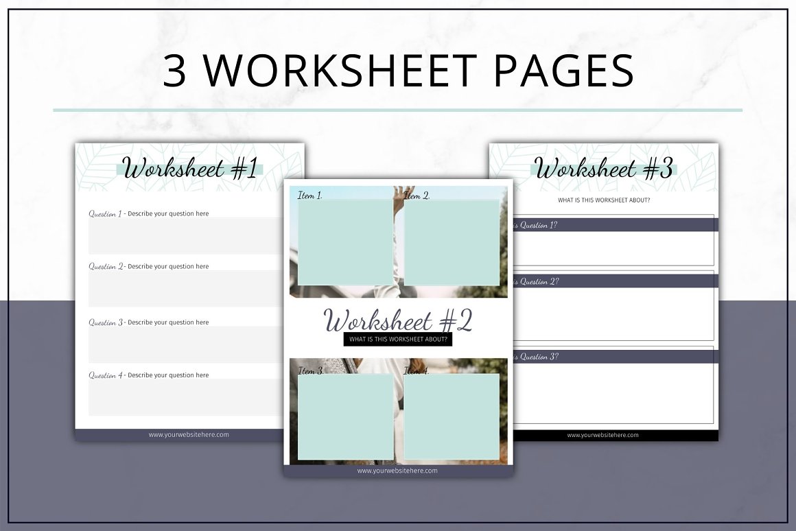 Black lettering "3 Worksheet Pages" and 3 different templates worksheet on a white and gray background.