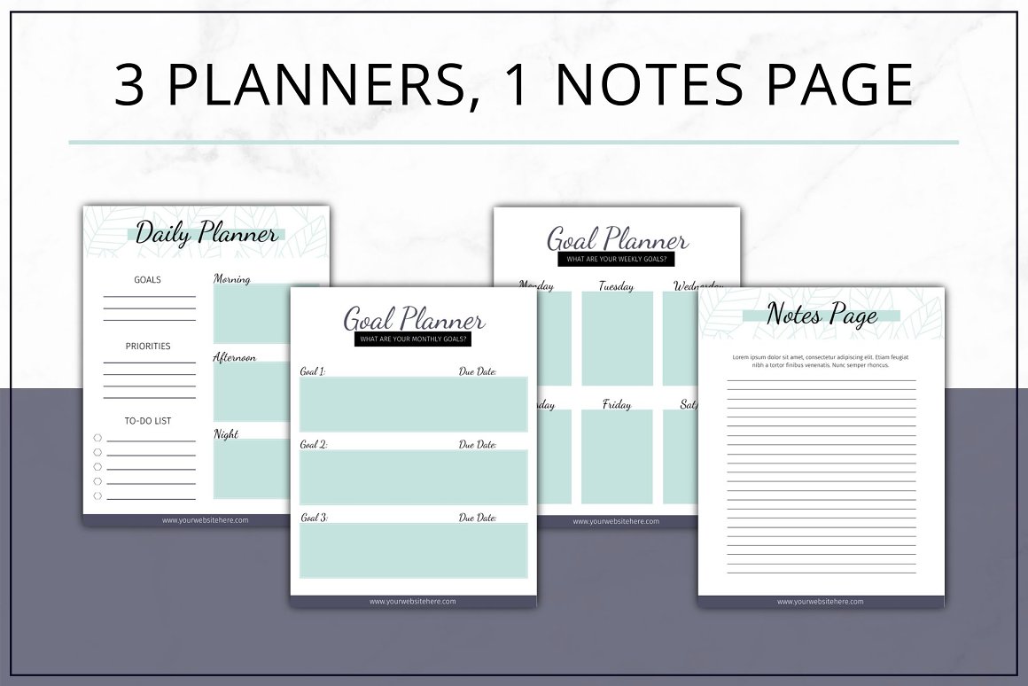 Black lettering "3 Planners, 1 Notes Page" and 3 different templates planners and 1 template notes page on a white and gray background.