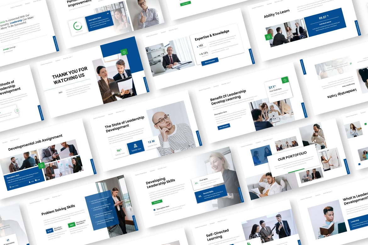 Collection of images of elegant presentation template slides on the theme of leadership.