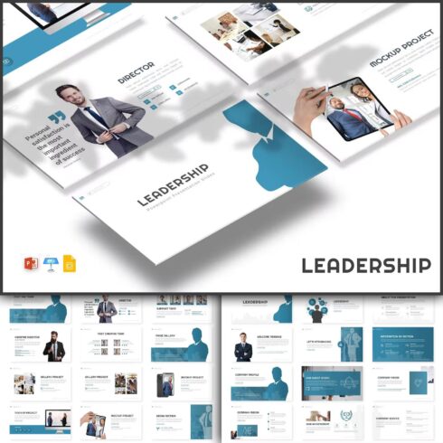 Pack of images of enchanting slides of a presentation template on the topic of leadership.