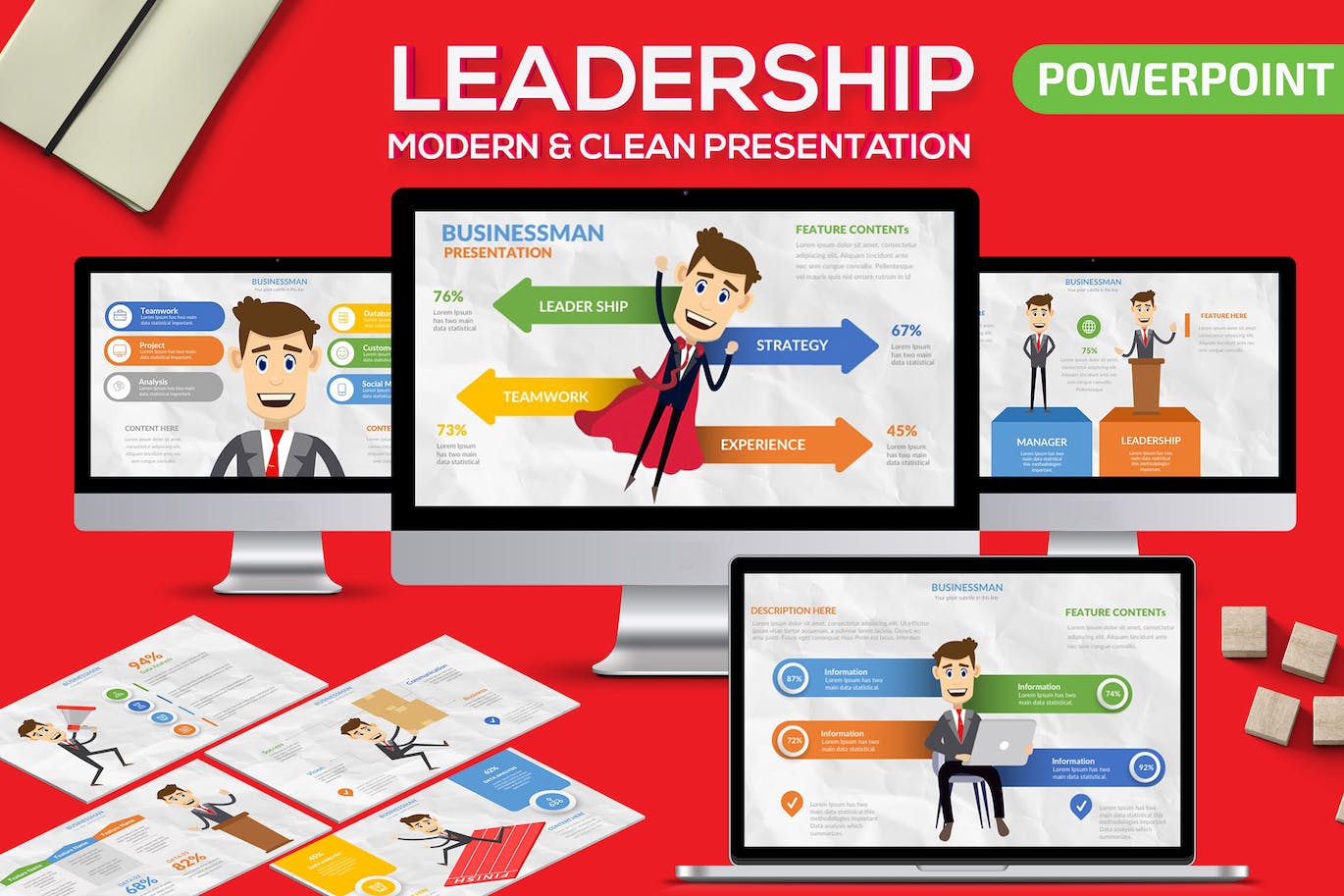 Collection of images of colorful presentation template slides on the theme of leadership.