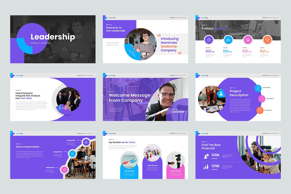 Bundle of images of great presentation template slides on the theme of leadership.