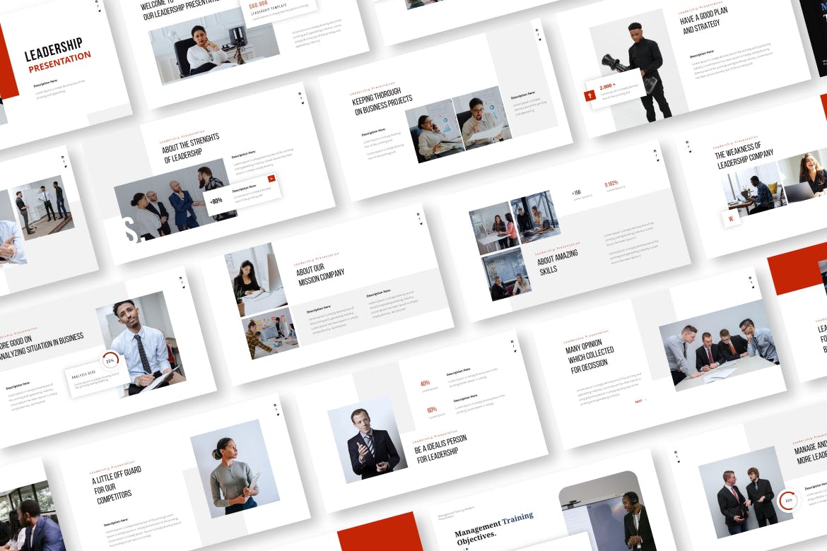 Bundle of images of charming presentation template slides on the topic of leadership.