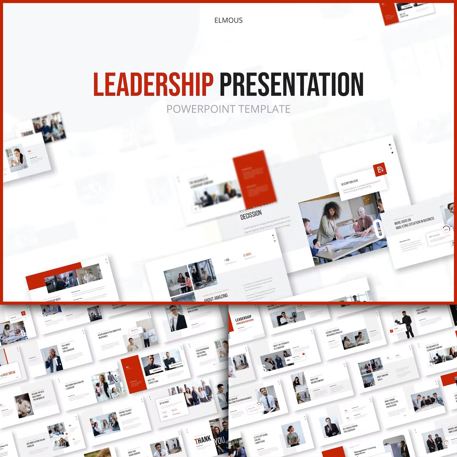 A selection of images of colorful presentation template slides on the topic of leadership.