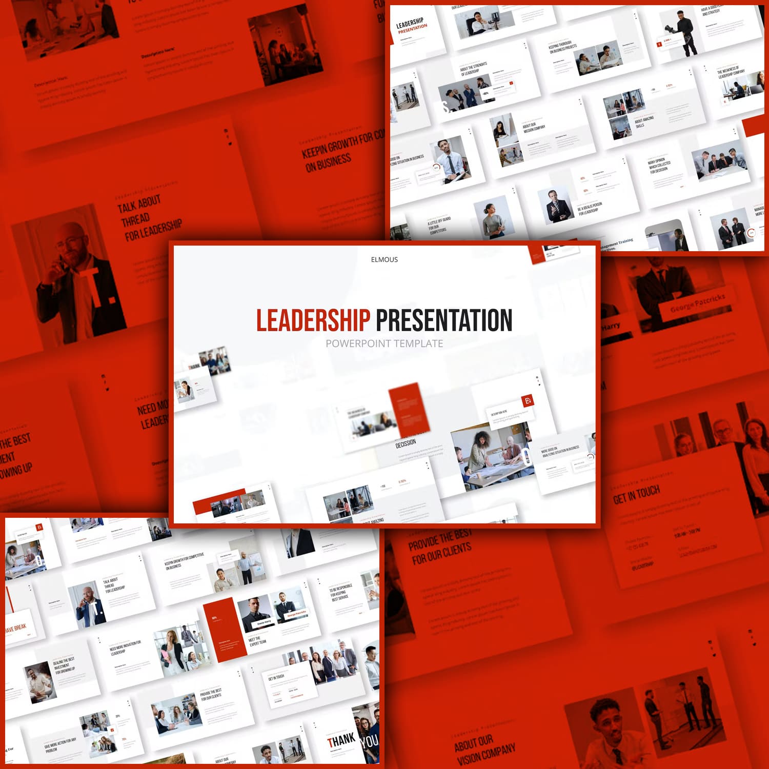 Bundle of images of charming presentation template slides on the topic of leadership.