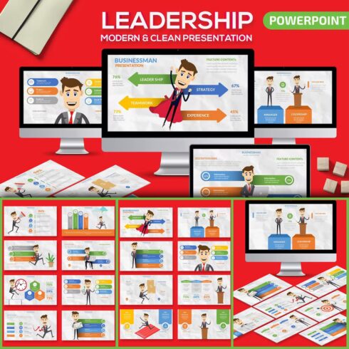 Set of images of great presentation template slides on leadership theme.