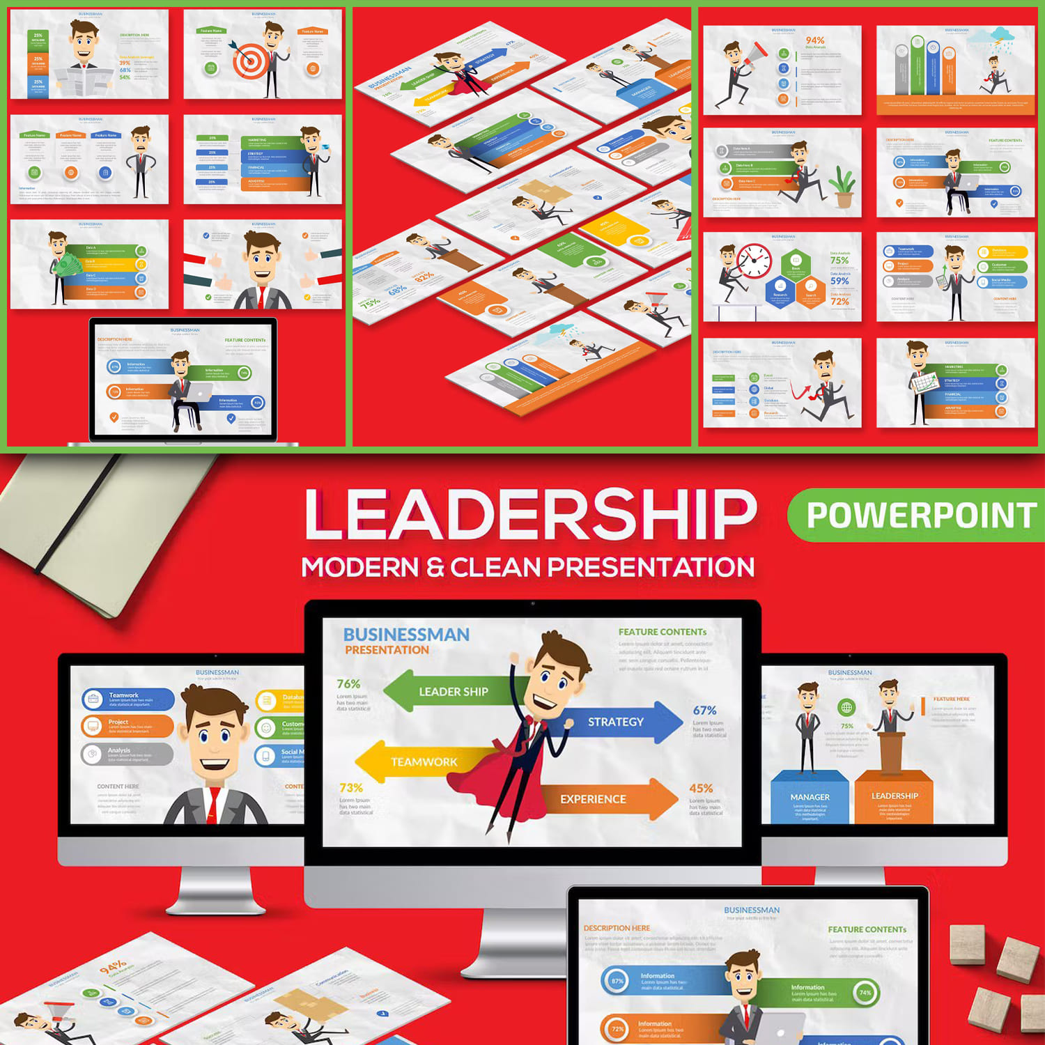 Pack of images of cartoon slide presentation template on leadership theme.