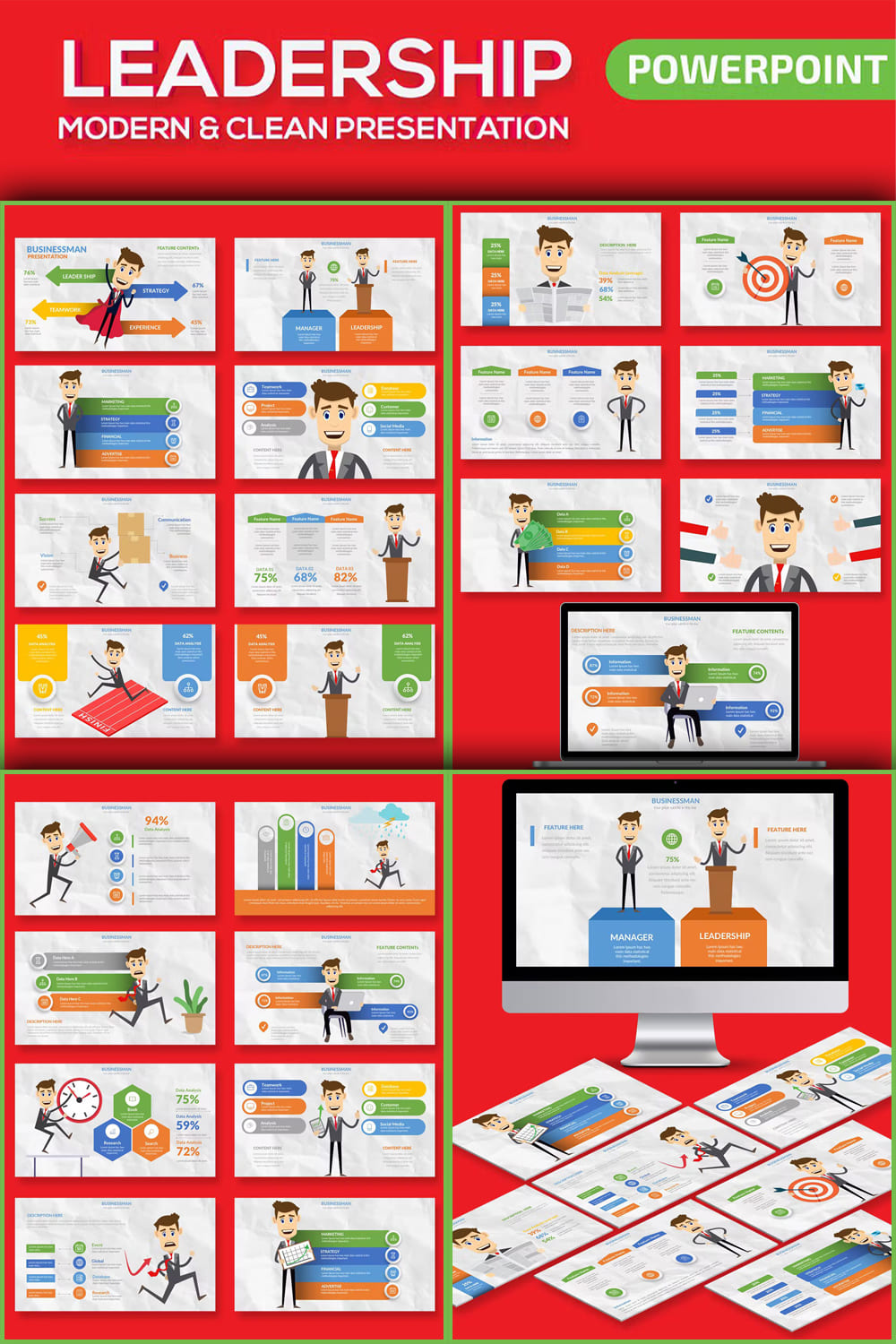 Collection of images of colorful presentation template slides on the theme of leadership.