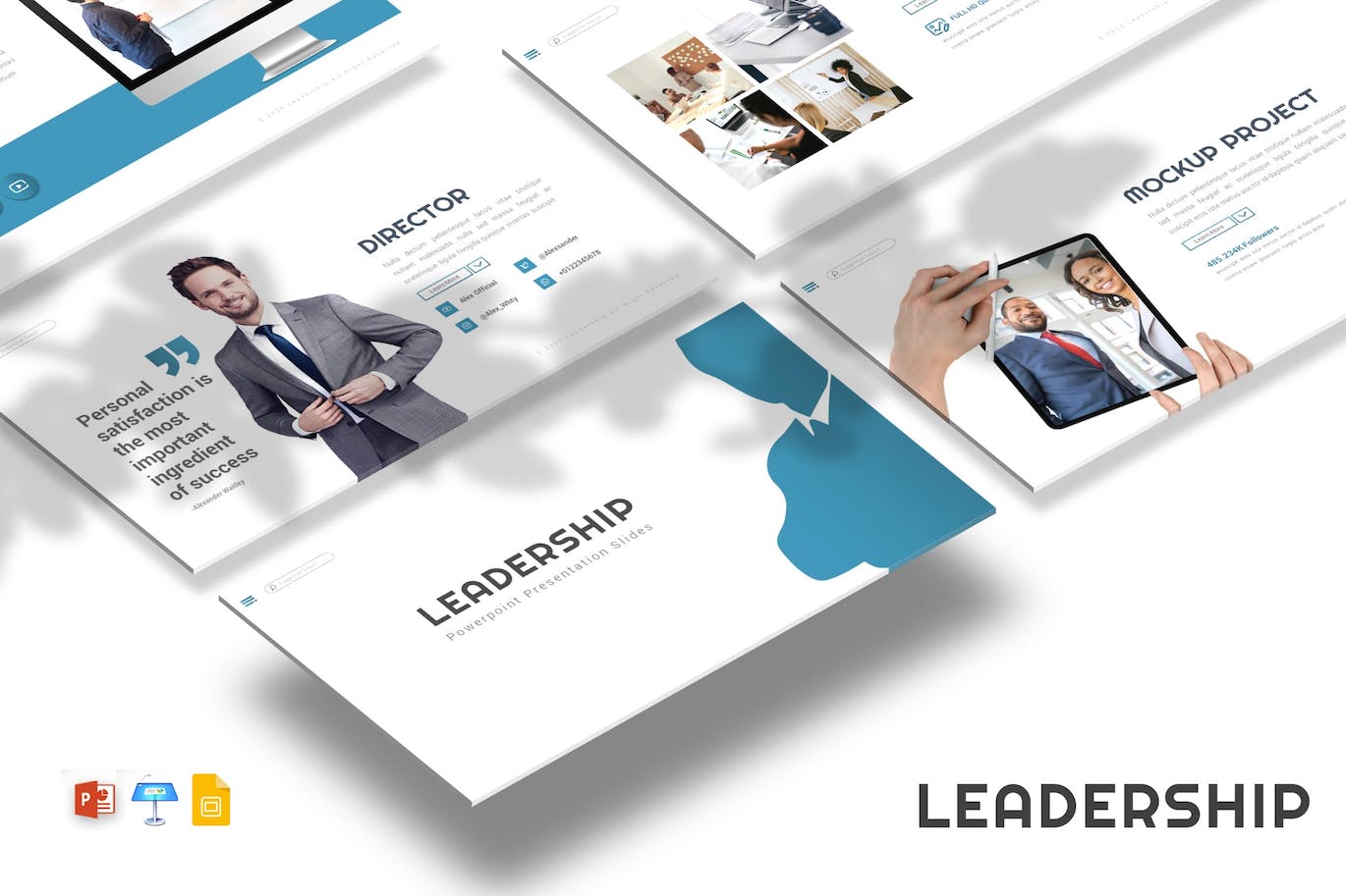 Bundle of images of exquisite presentation template slides on the theme of leadership.