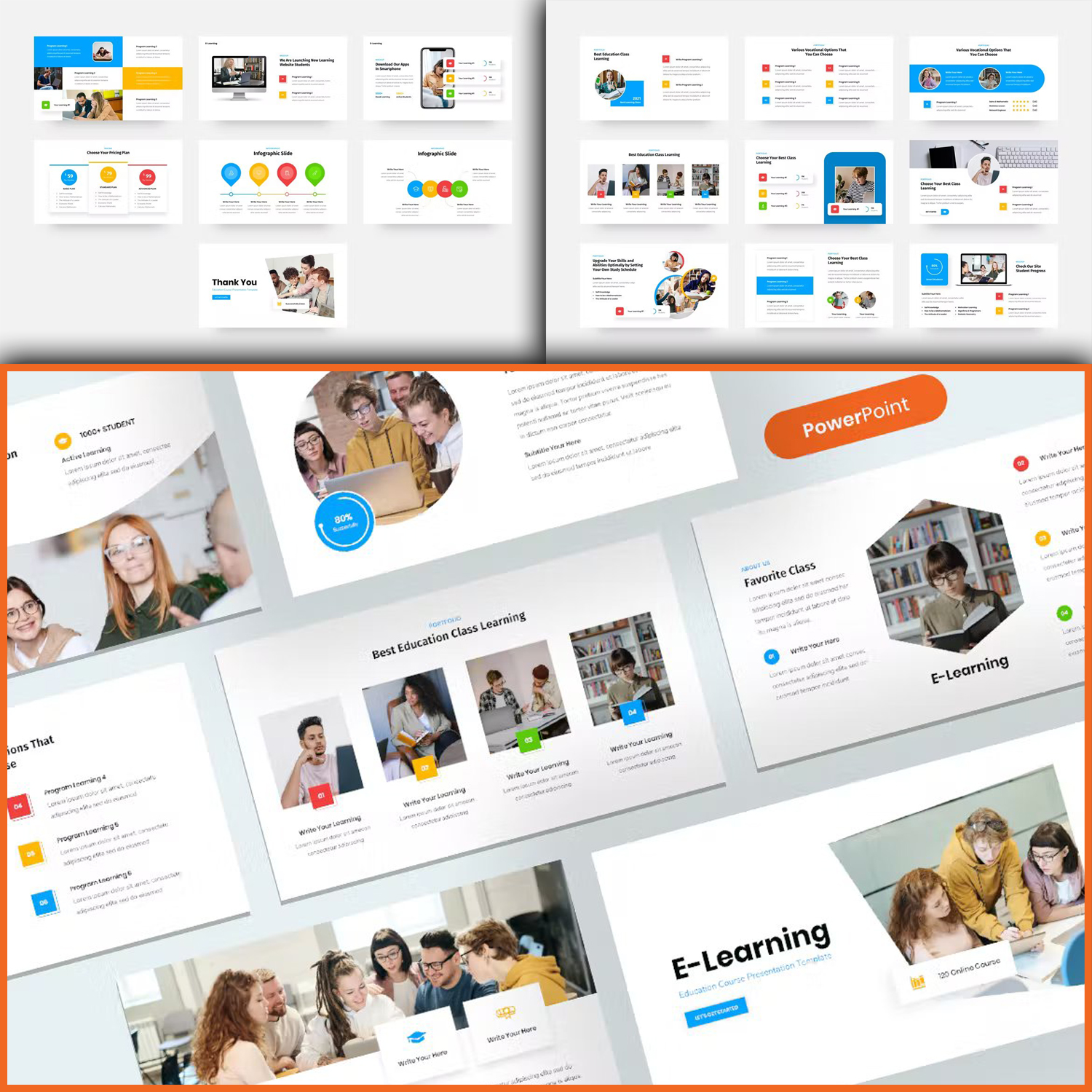 Collection of images of elegant presentation template slides on the theme of education.