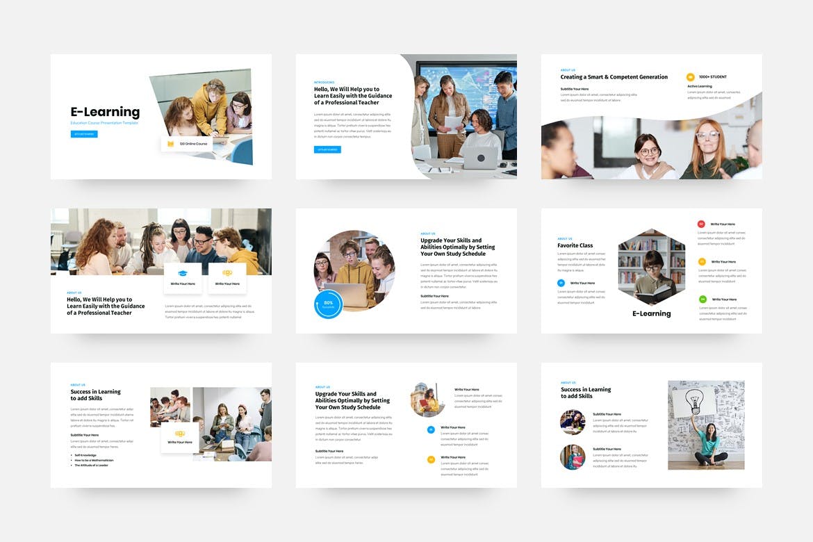 Collection of images of beautiful presentation template slides on education theme.