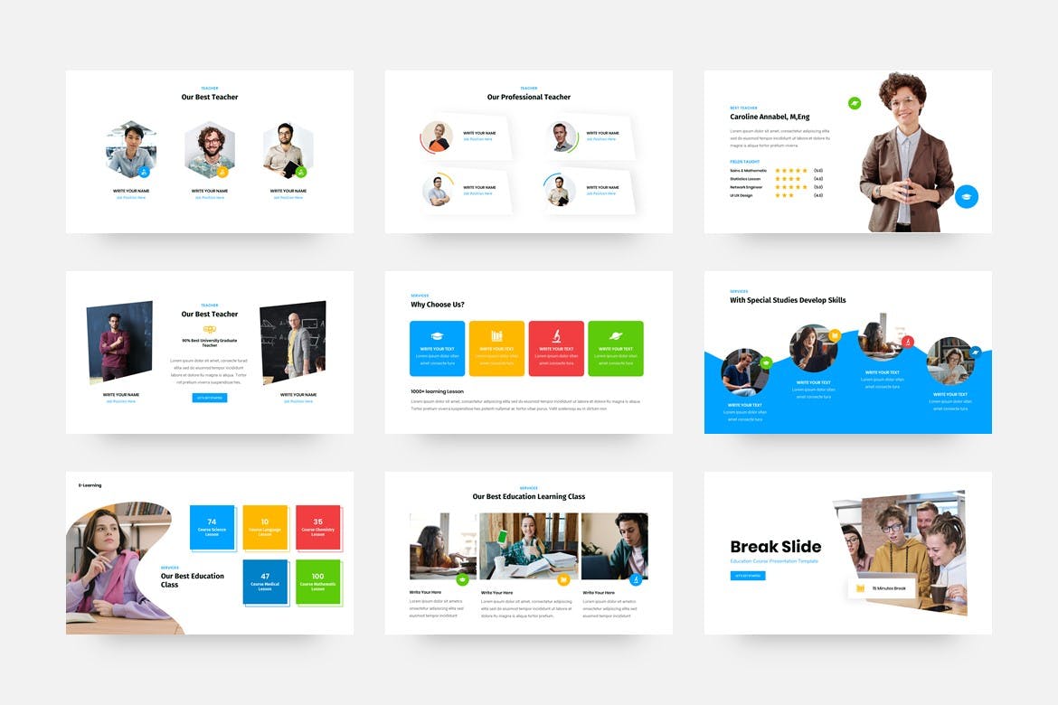 A set of images of adorable presentation template slides on the theme of education.
