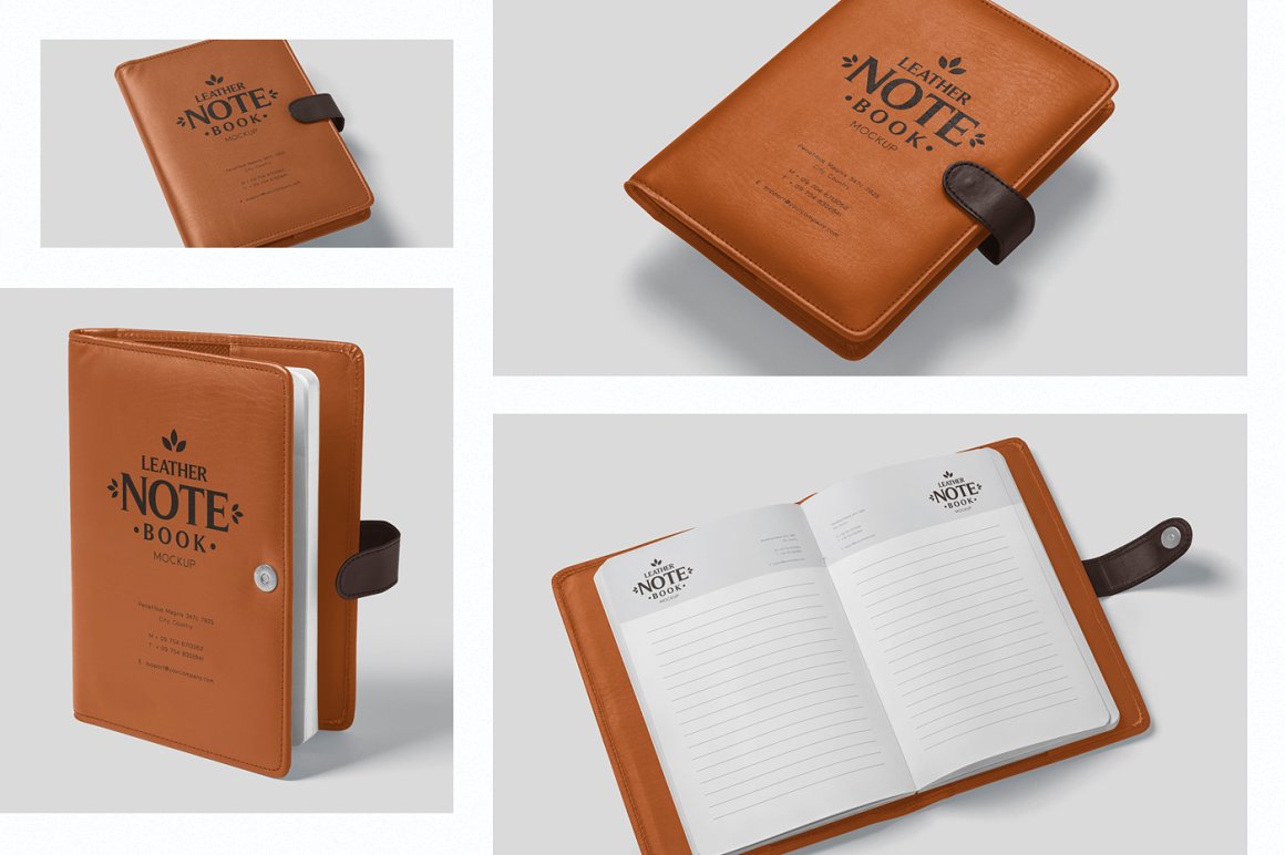 A set of images of leather notebooks with a beautiful design.