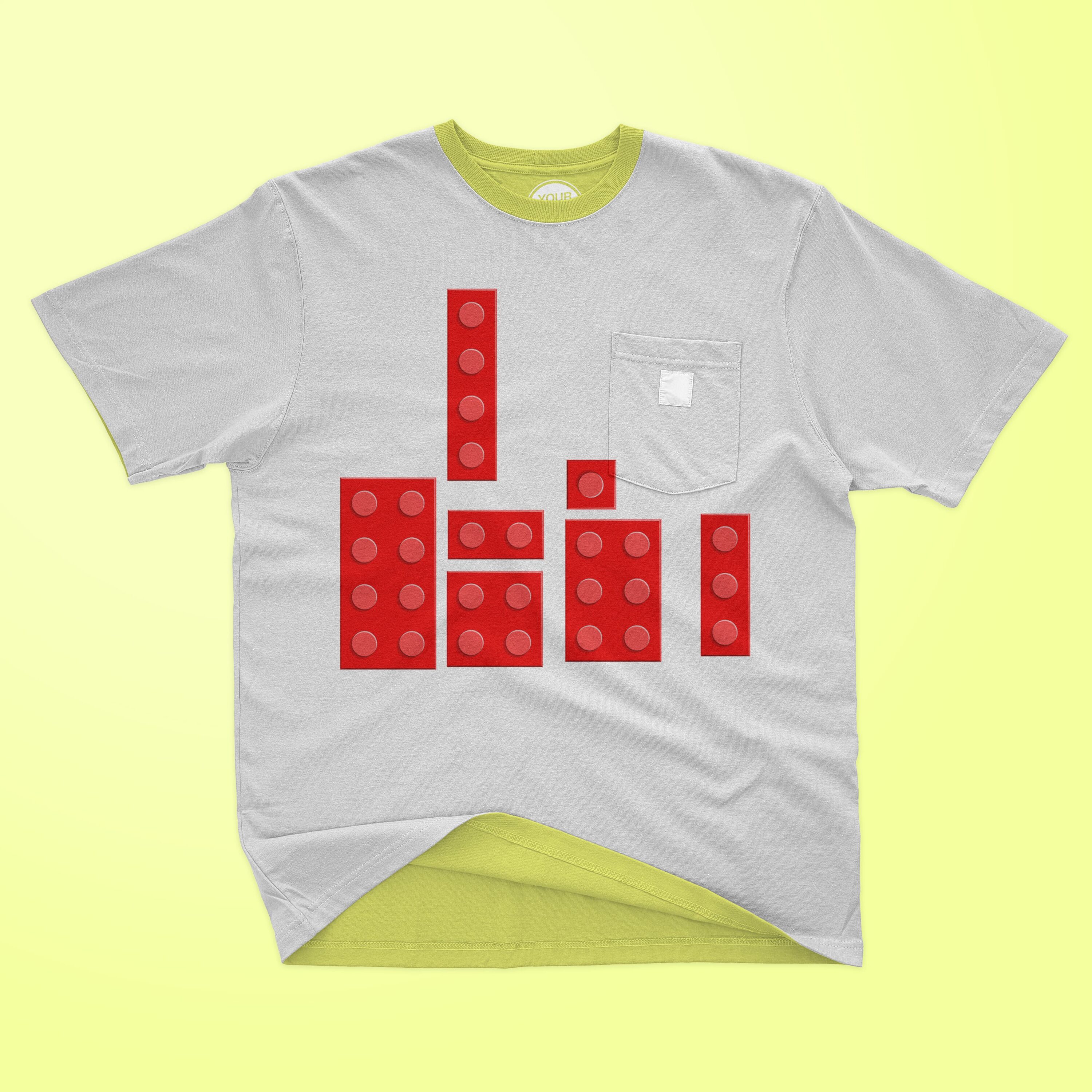 Red lego bricks printed on the t-shirt.