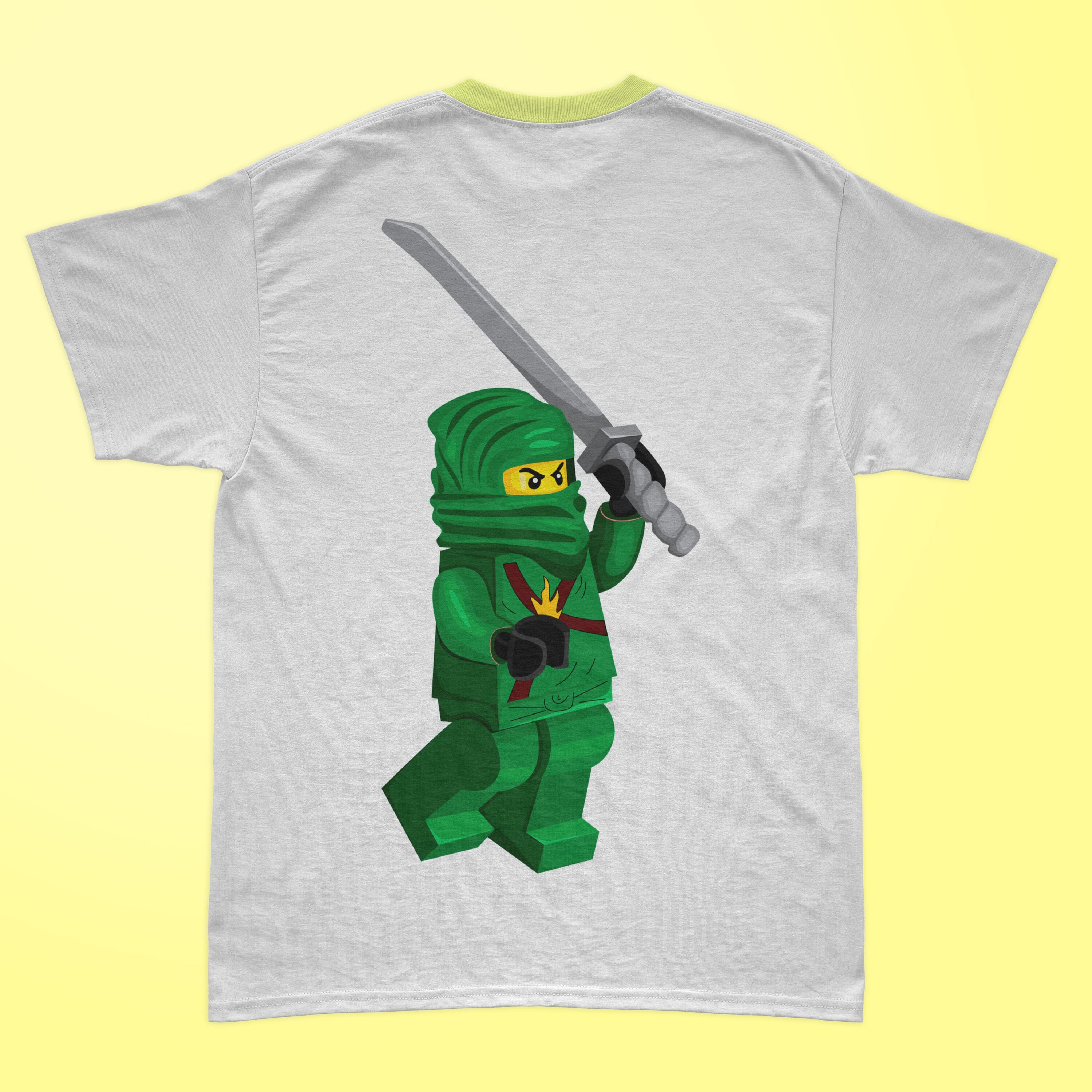 Green lego ninjago printed on the t-shirt.