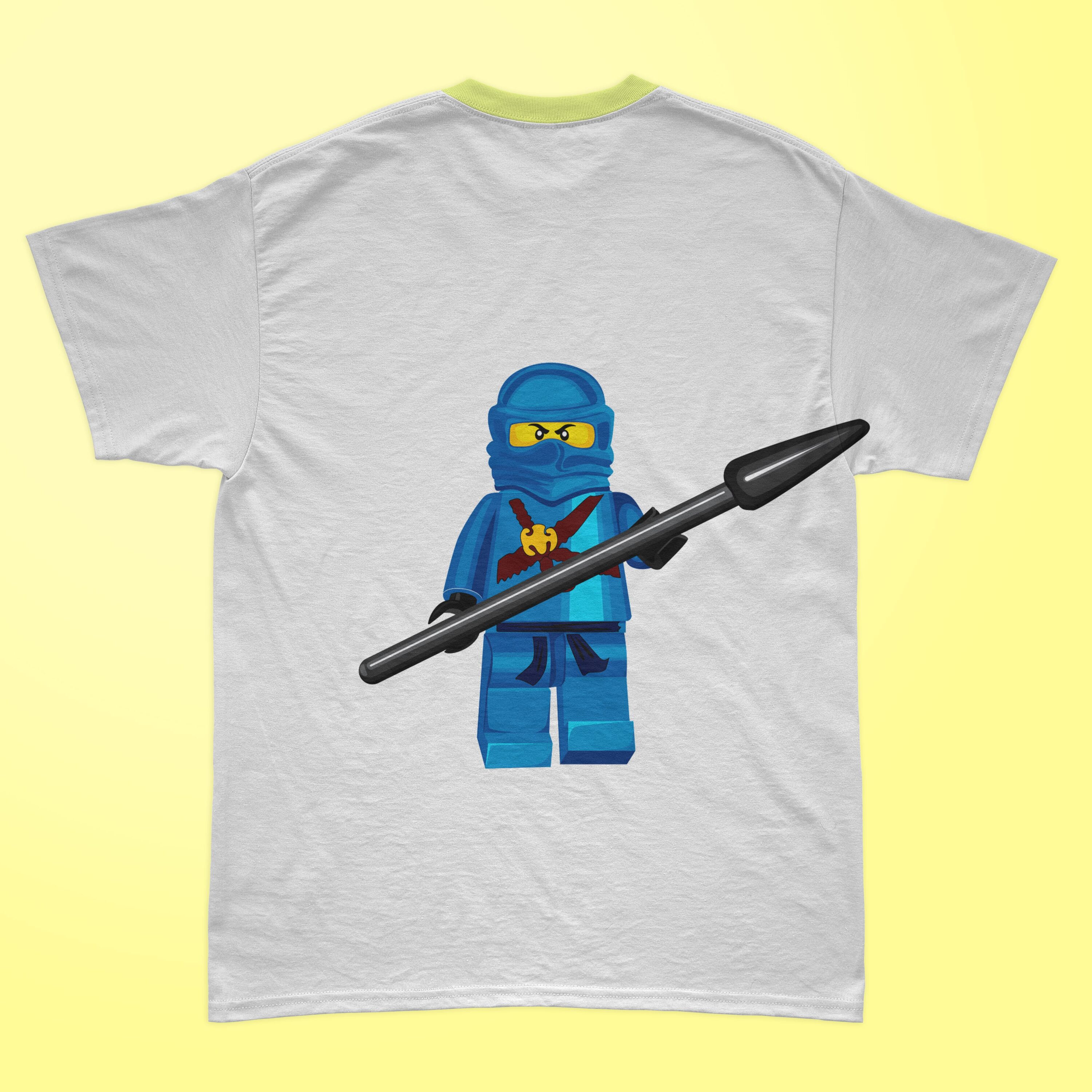 Blue lego ninjago printed on the t-shirt.