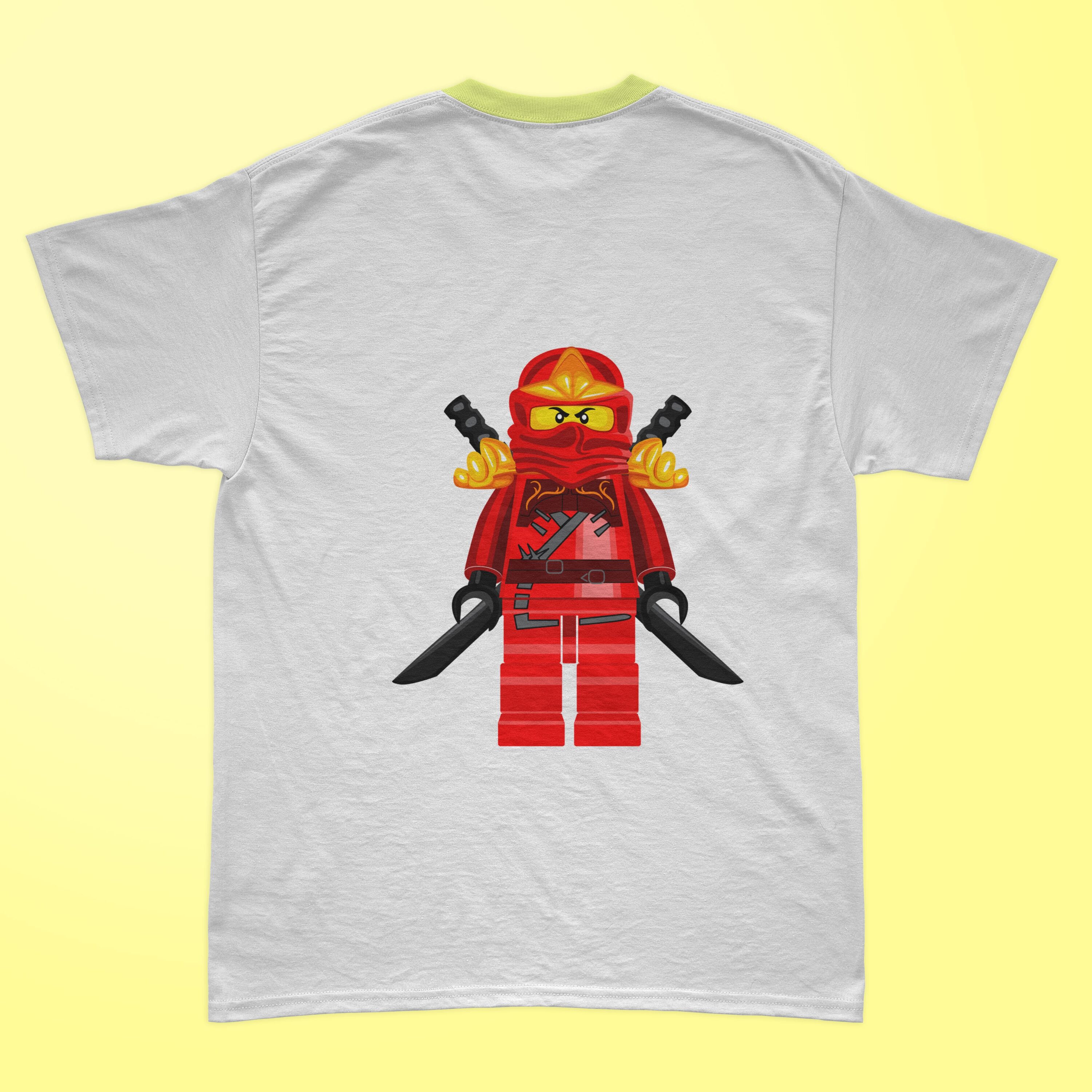 Red lego ninjago printed on the t-shirt.