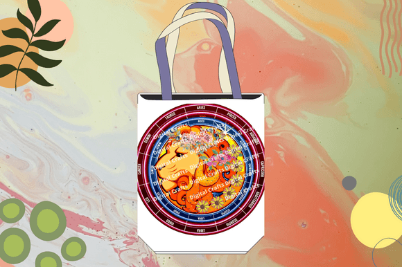 White eco bag with the colorful astrology print.