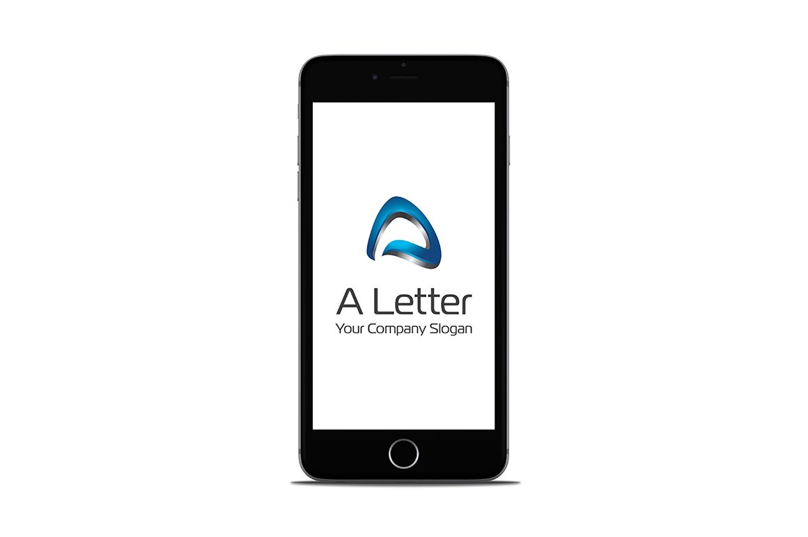 Black Iphone mockup with black lettering "A Letter Your Company Slogan" and blue 3D logo on a white background.