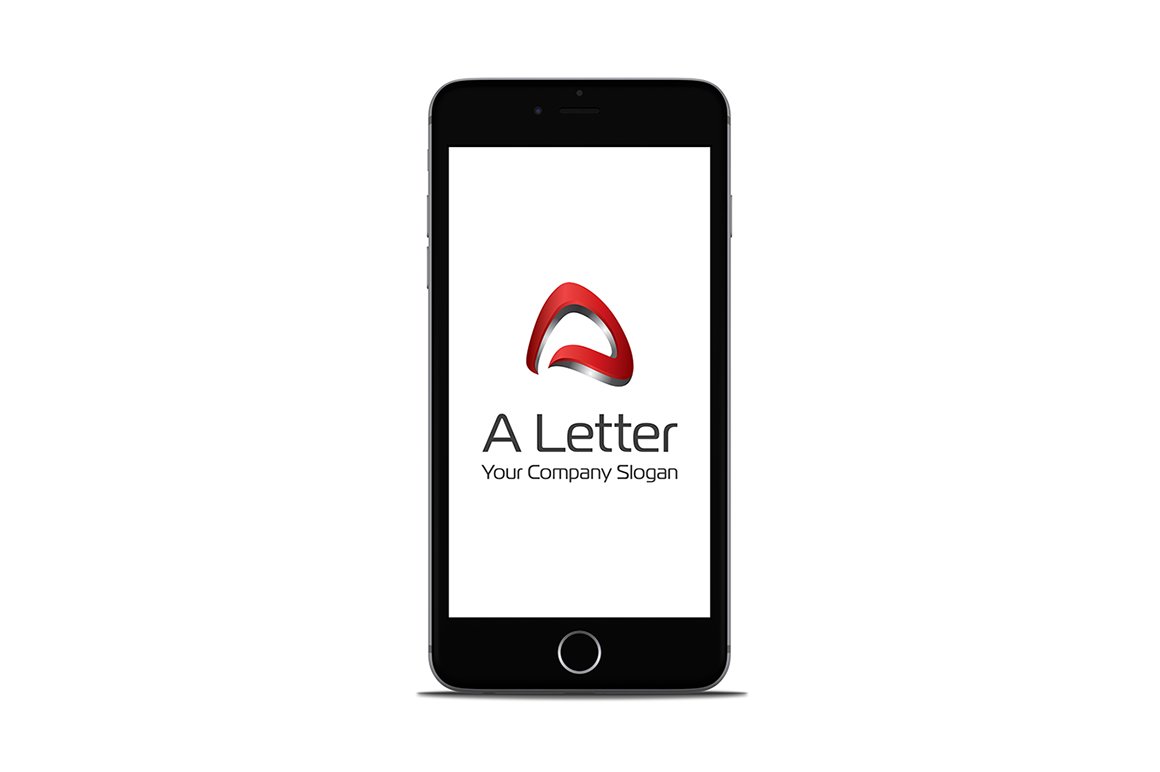 Black Iphone mockup with black lettering "A Letter Your Company Slogan" and red 3D logo on a white background.