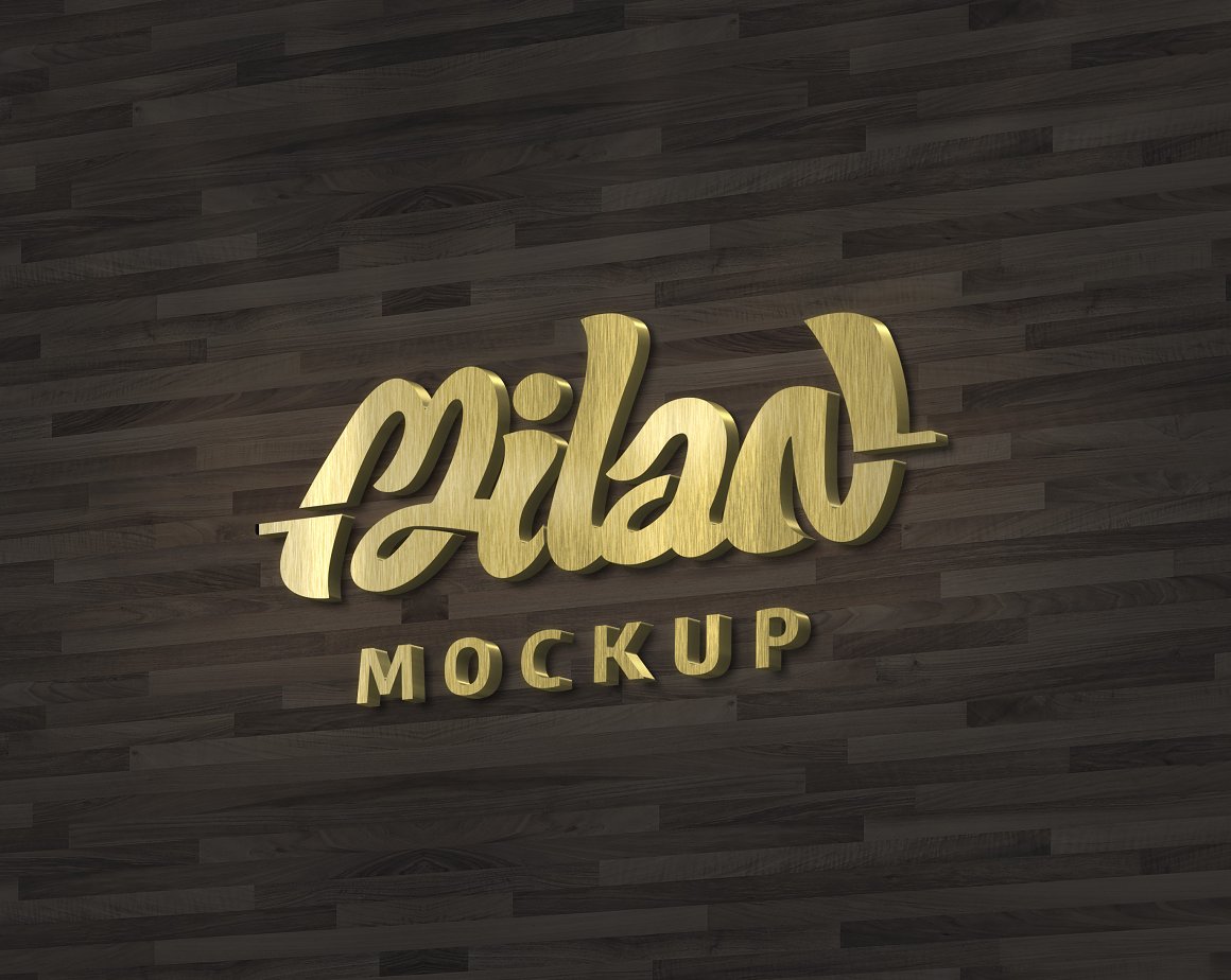 Golden 3D Logo with the lettering "Milan Mockup" on a wooden background.