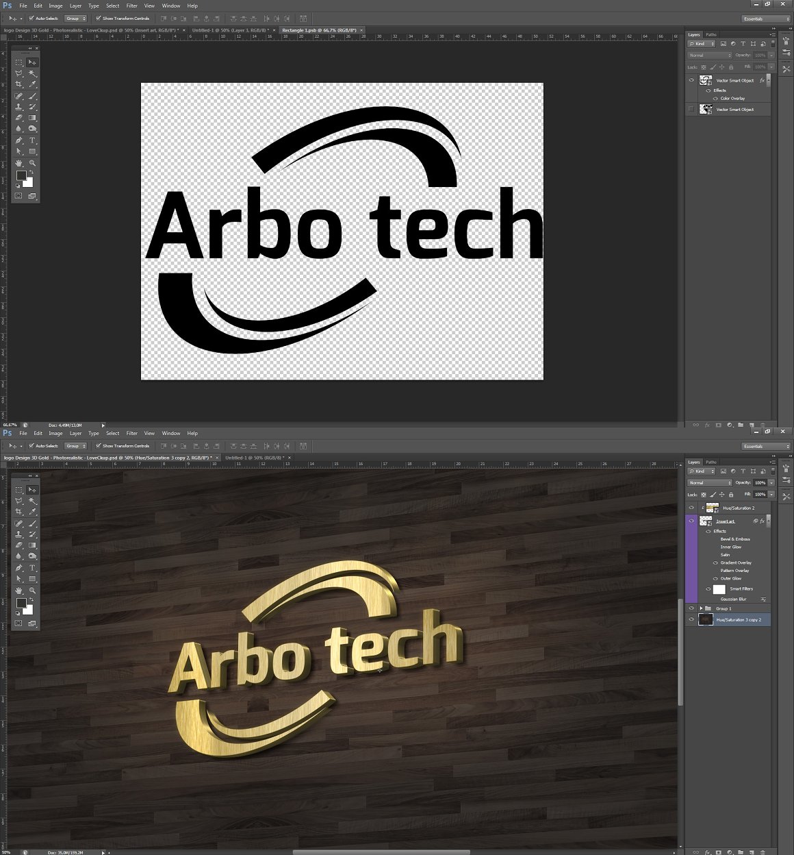 Photoshop project with 3D "Arbo tech" logo in black and gold.