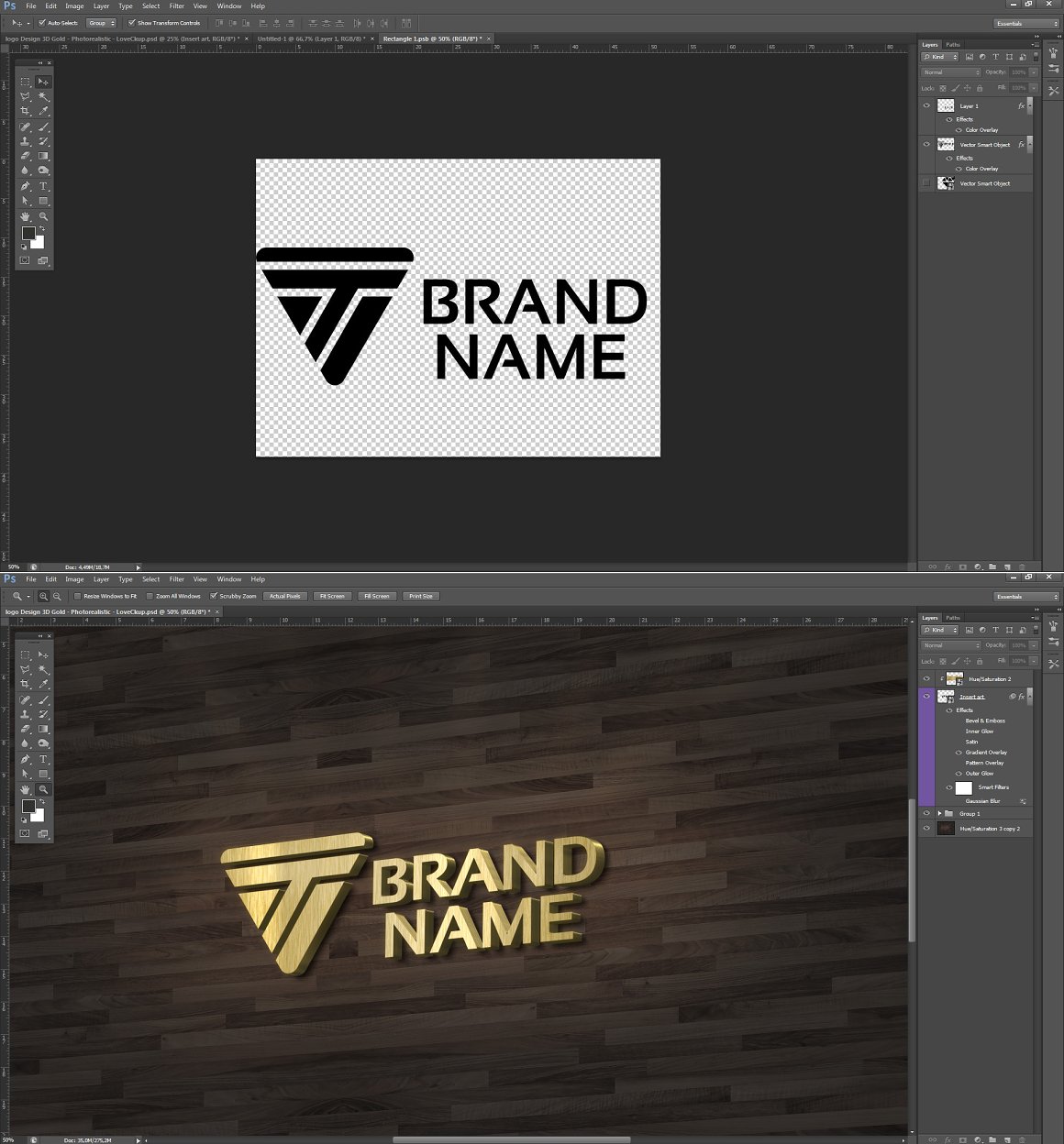 Photoshop project with 3D "Brand Name" logo in black and gold.