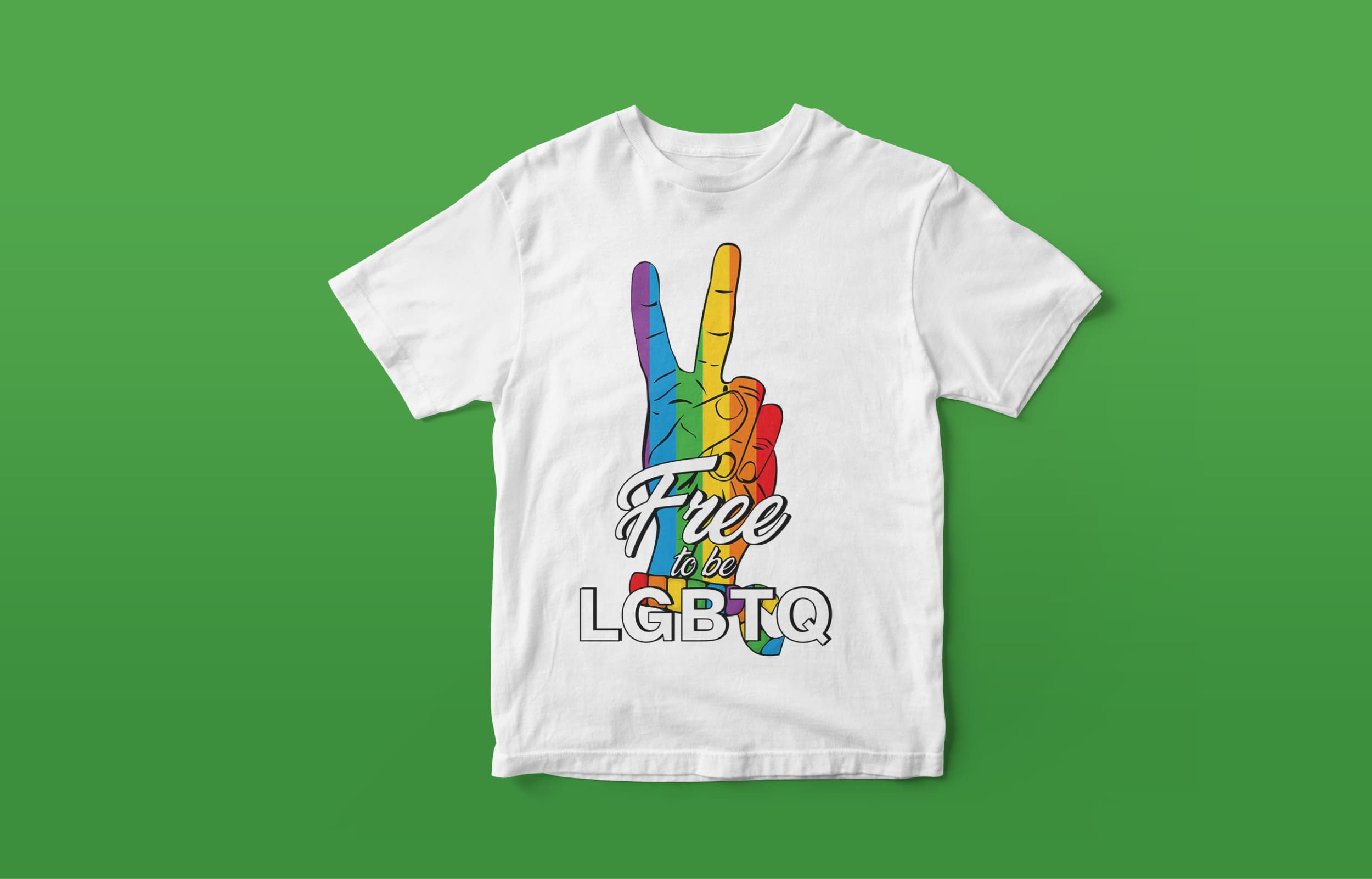 White t-shirt with а peace hand sign in the colors of the LGBT flag and the white lettering "Free to be LGBTQ" on a green background.