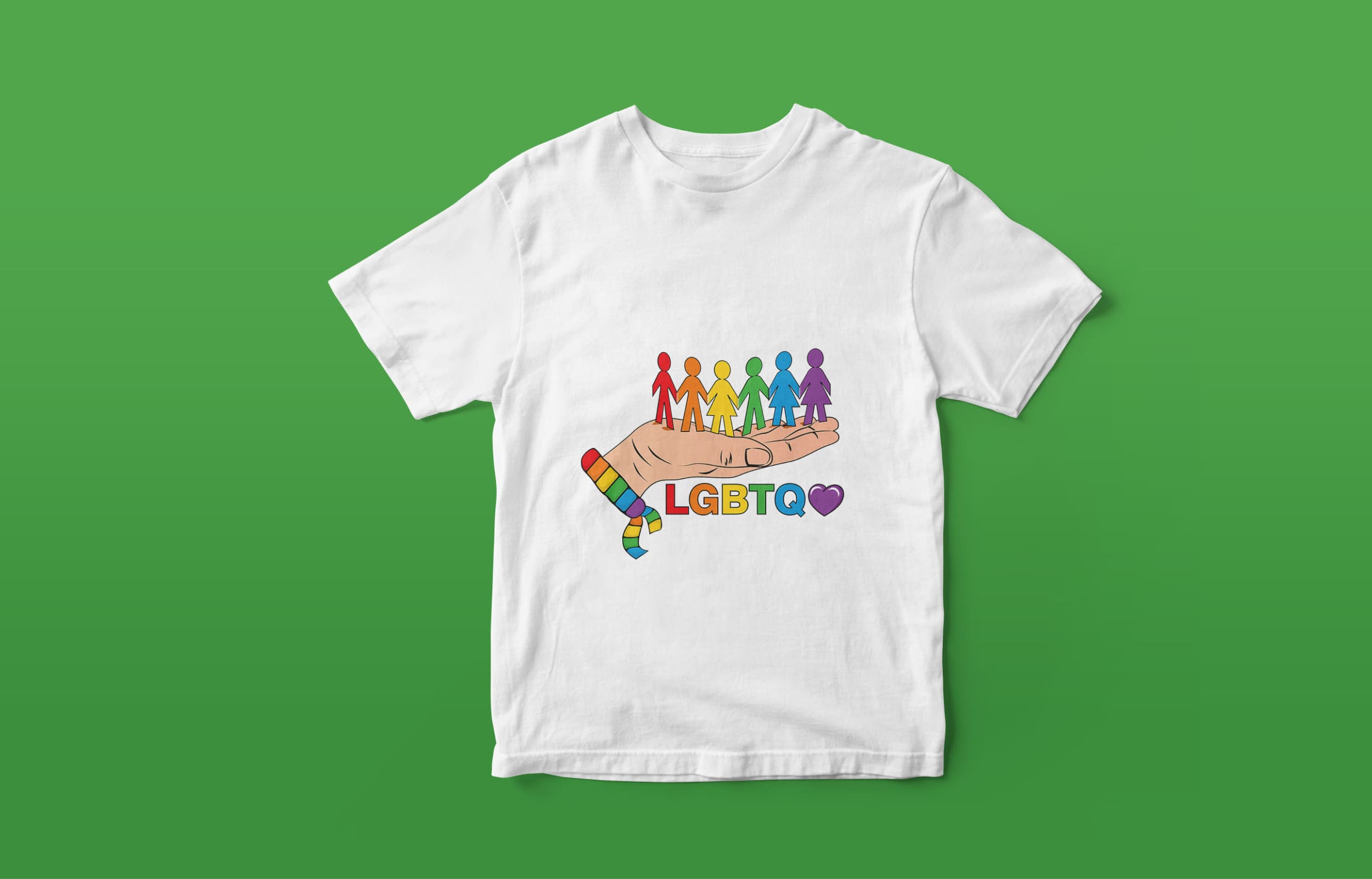 A white t-shirt with a hand holding people in LGBT colors, the lettering "LGBTQ" and a heart in LGBT colors on a green background.