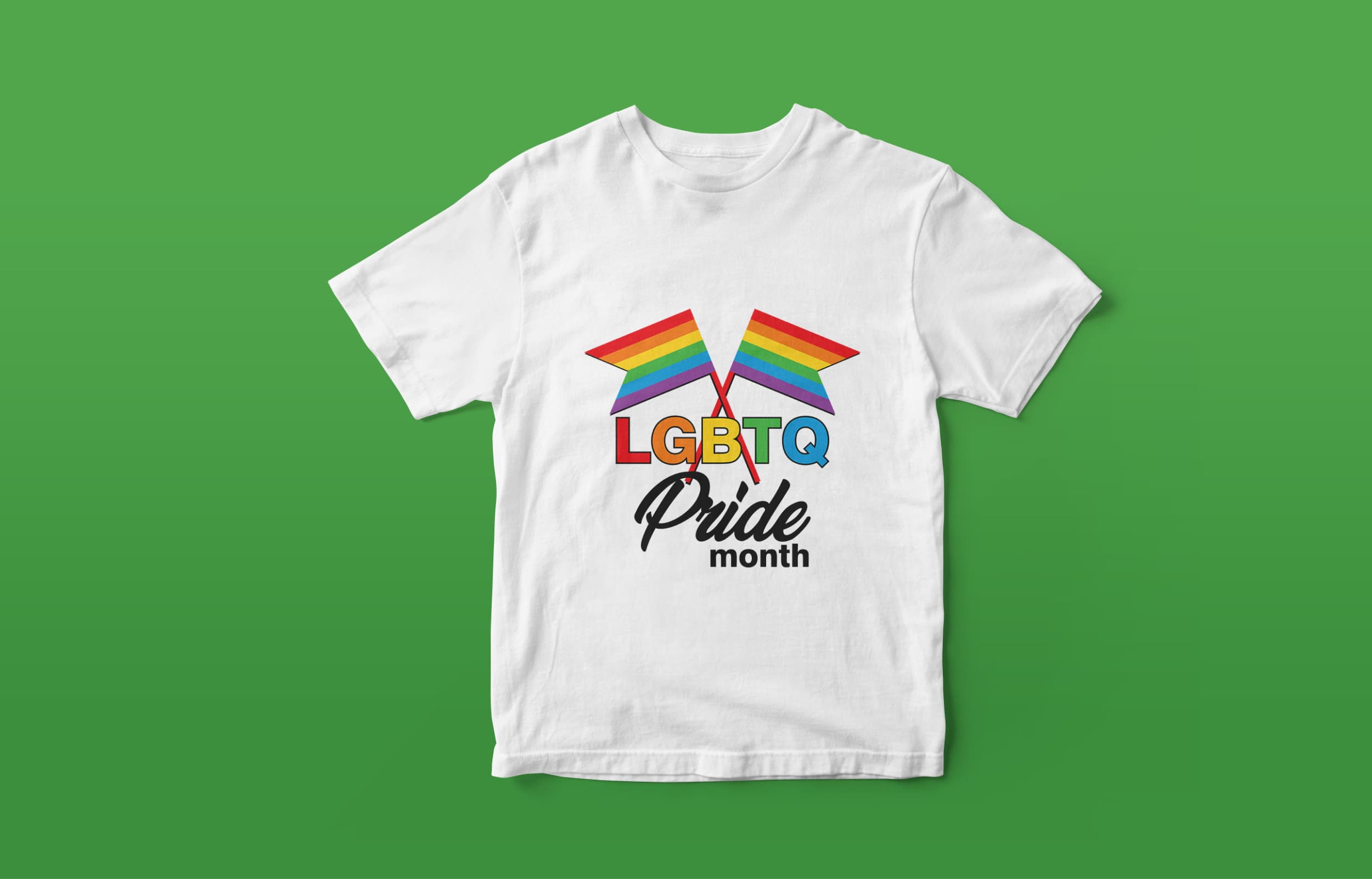 A white t-shirt with two flags LGBT, the lettering "LGBTQ" in LGBT colors and the black lettering "Pride month" on a green background.
