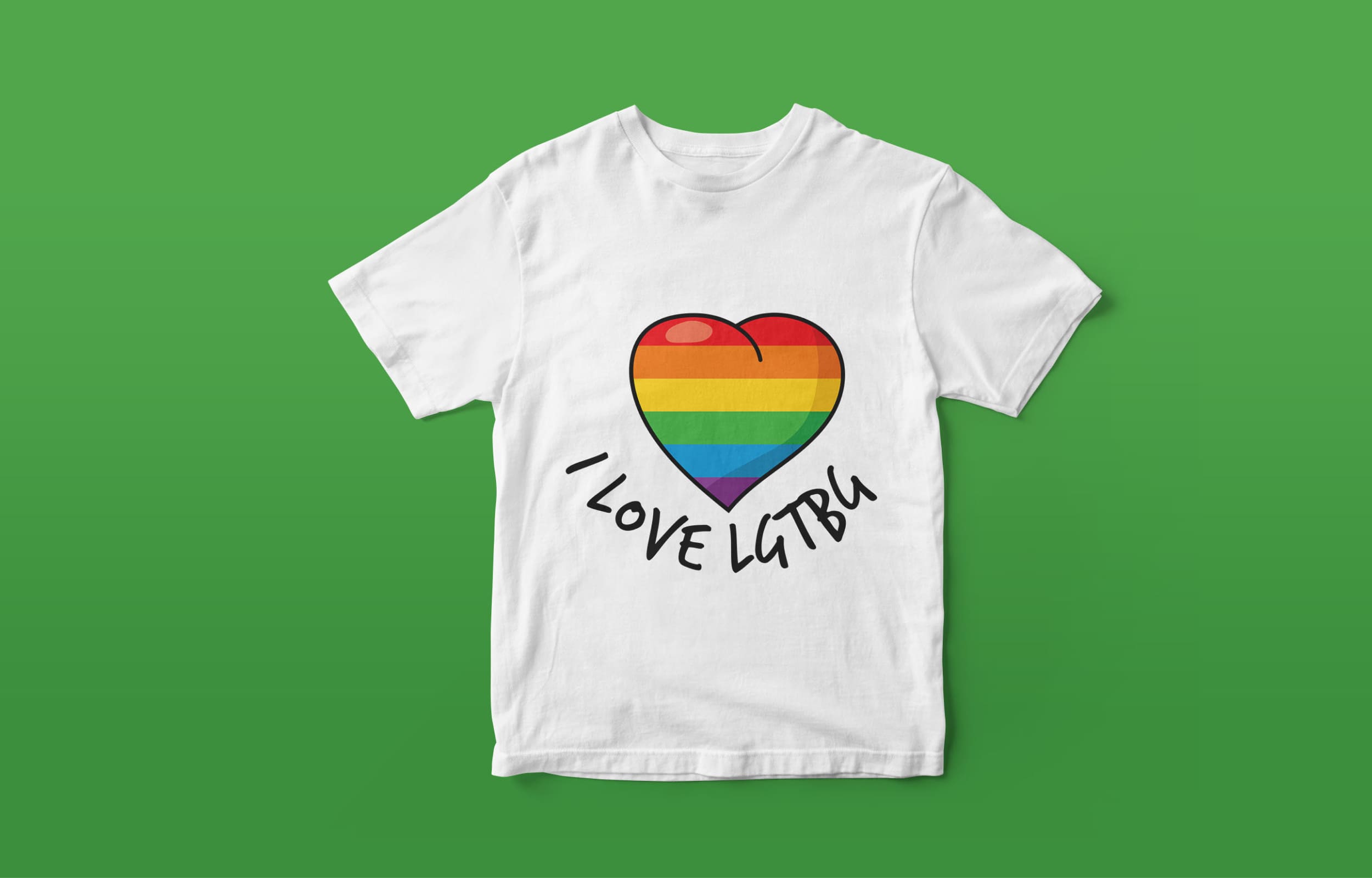 White T-shirt with black "I love LGBTQ" lettering and a heart in LGBT colors on a green background.