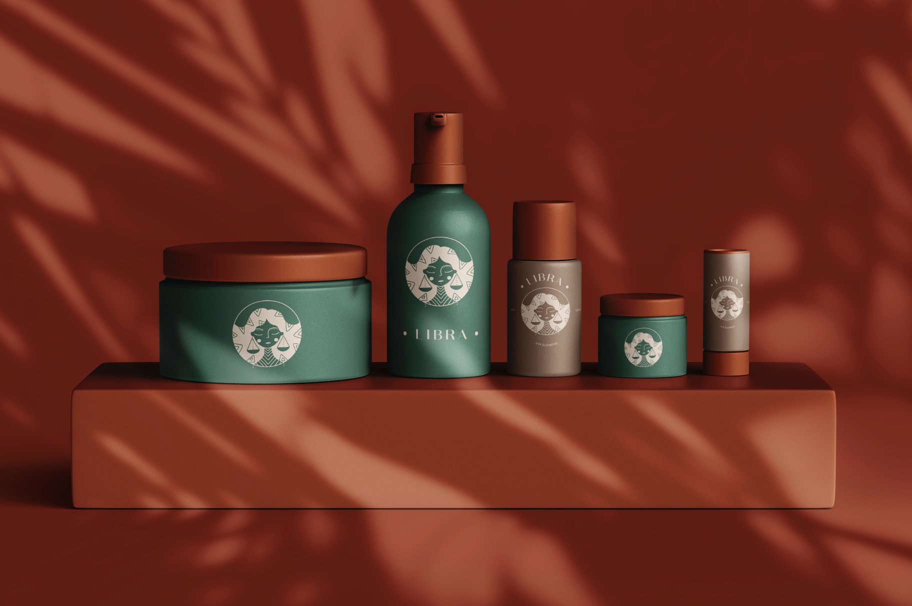 Matte green and brown bottles for the cosmetics with the light zodiac signs.
