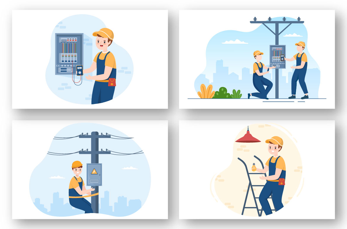 A set of colorful cartoon images with workers who are repairing an electric transmission line.